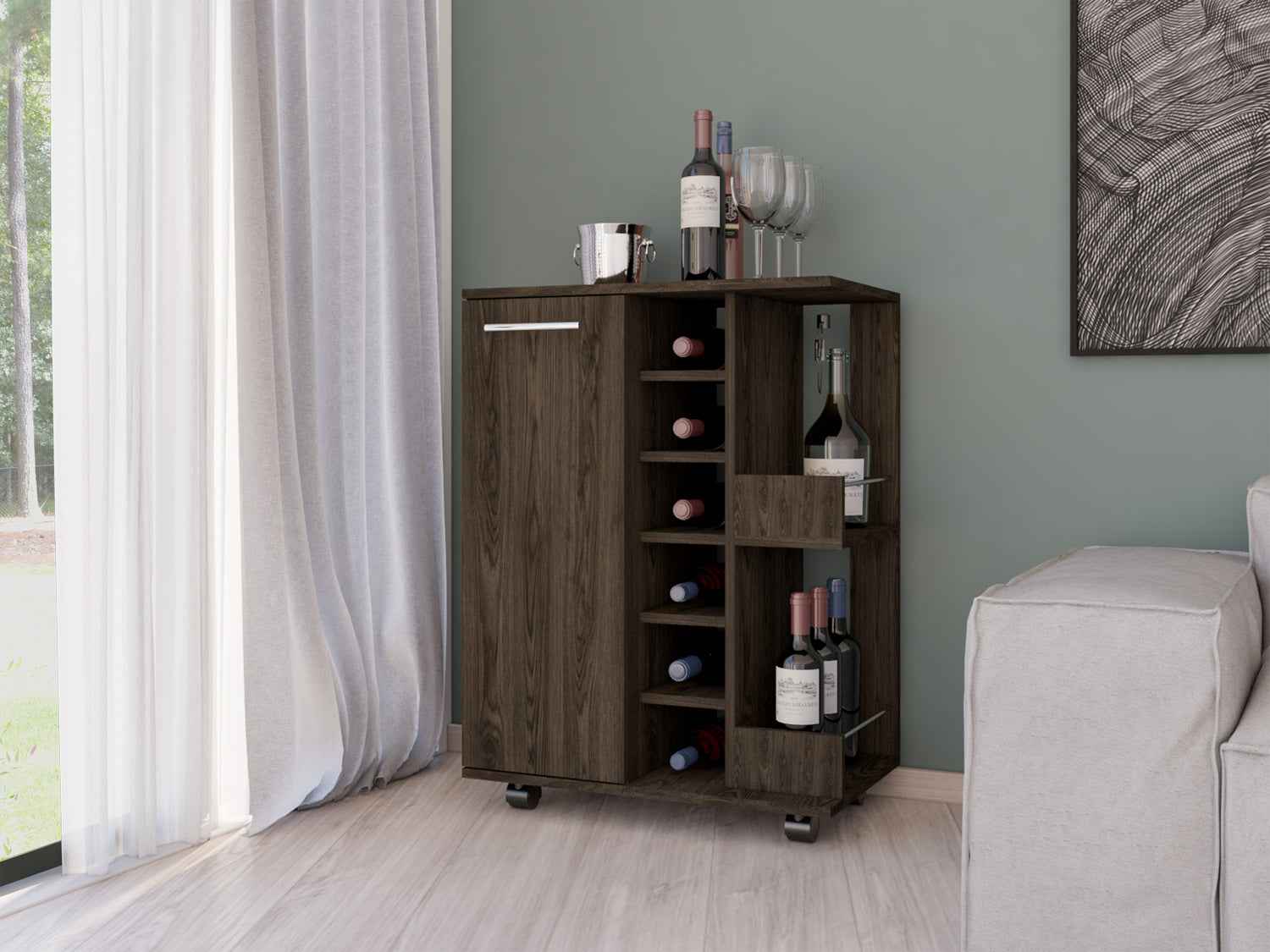 Magda Bar Cart, Four Casters, Six Built-in Wine Rack, Single Door Cabinet, Two External Shelves, Dark Walnut