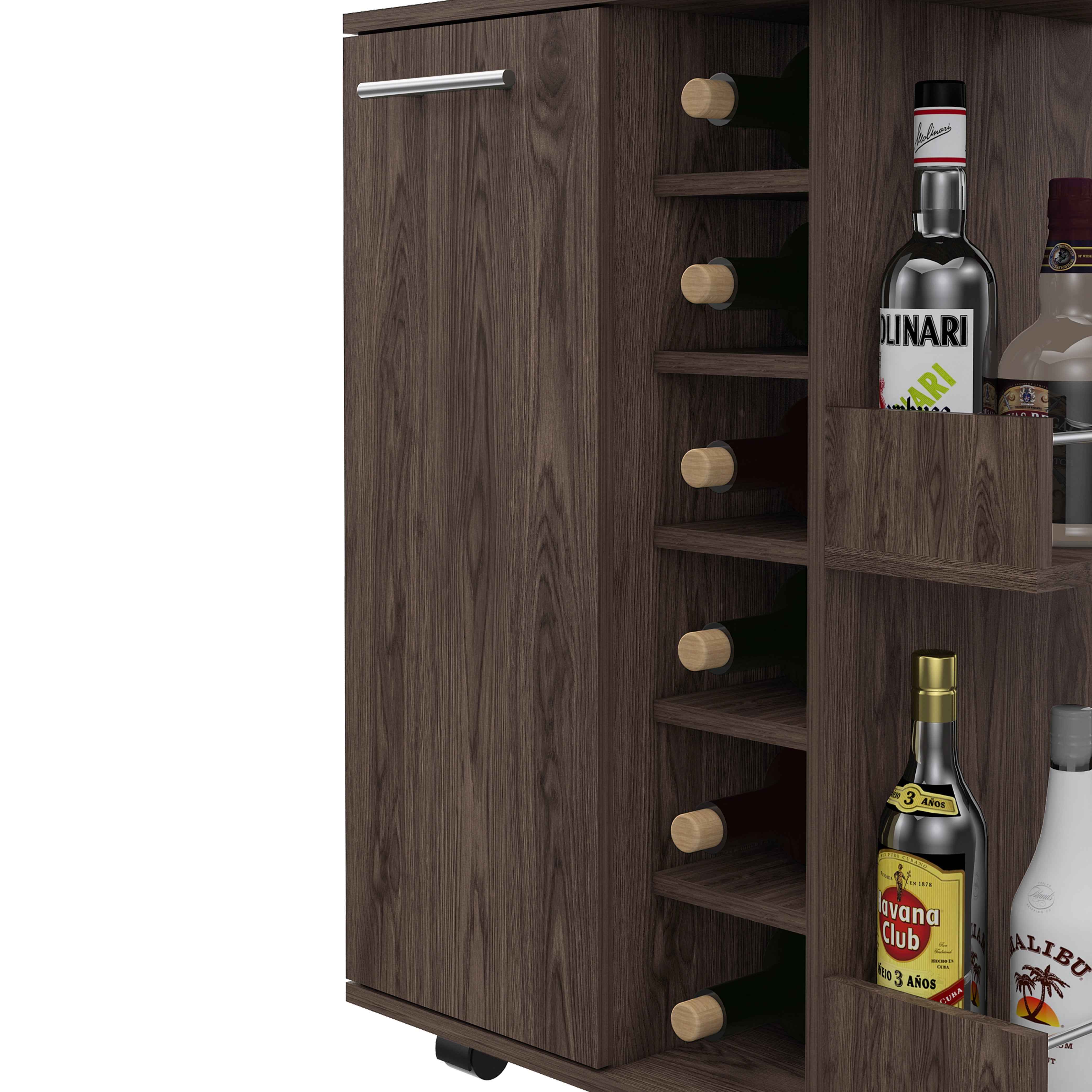Magda Bar Cart, Four Casters, Six Built-in Wine Rack, Single Door Cabinet, Two External Shelves, Dark Walnut