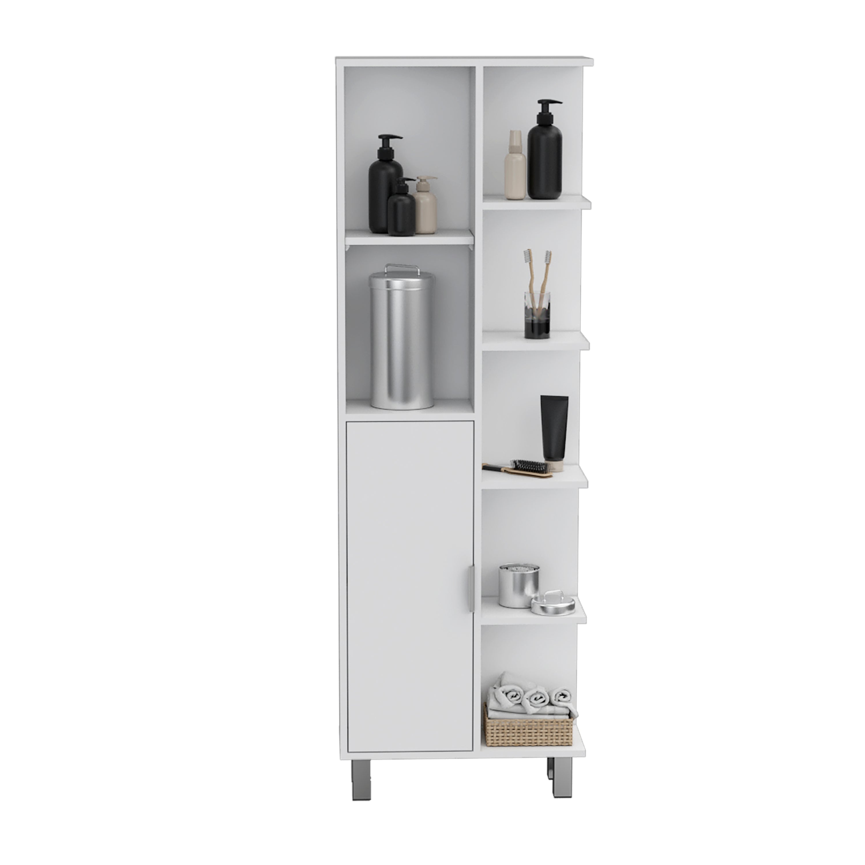 Mott 63" H Linen Bathroom Cabinet with Seven Open Shelves, One Drawer and four legs,White - Luciddepo