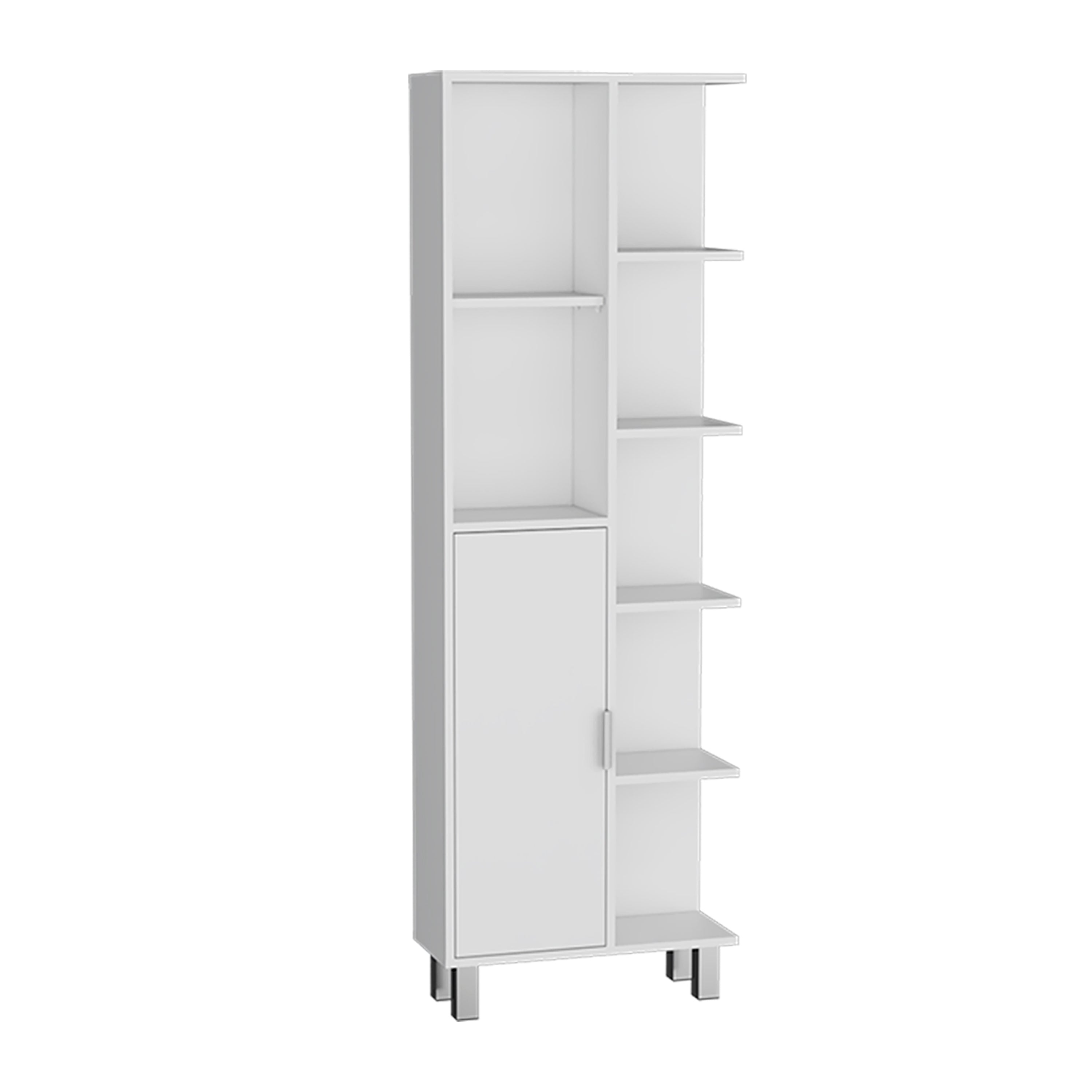 Mott 63" H Linen Bathroom Cabinet with Seven Open Shelves, One Drawer and four legs,White - Luciddepo
