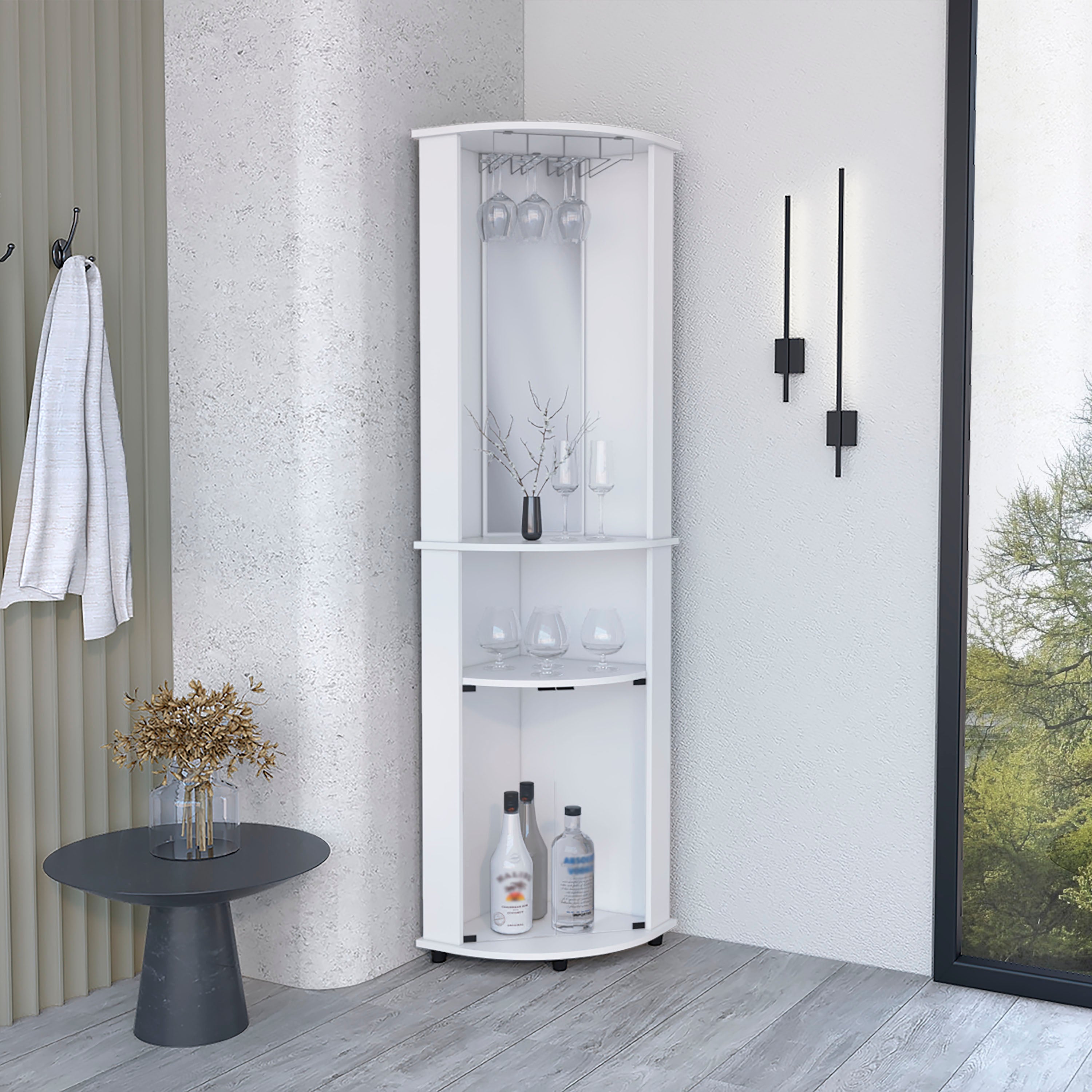 Nashville Corner Bar Cabinet Unit with Wine Glass Rack and Lower Cabinet, White - Luciddepo