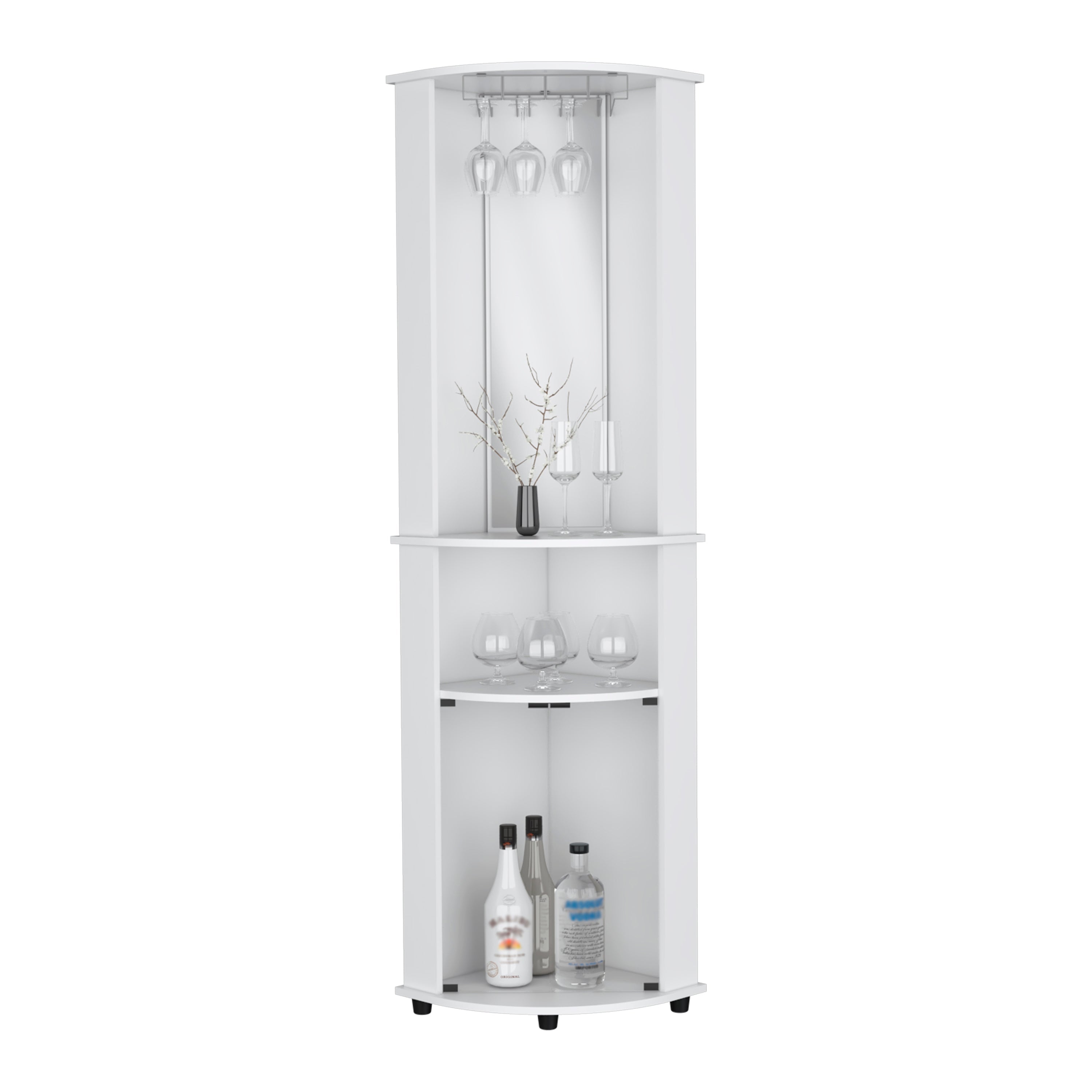 Nashville Corner Bar Cabinet Unit with Wine Glass Rack and Lower Cabinet, White - Luciddepo