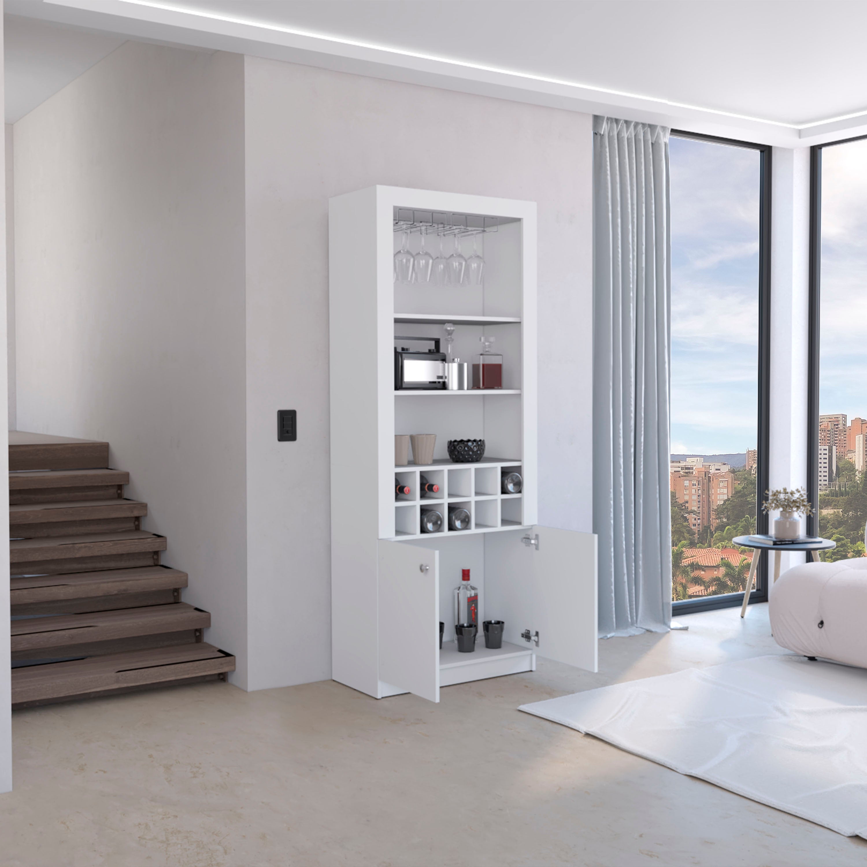 Nero Cabinet 4-Tier, Glass Holder Stemware Rack, Wine Cabinet, Liquor Cabinet, 10 Bottle Cubbies, 4 Shelves, White - Luciddepo