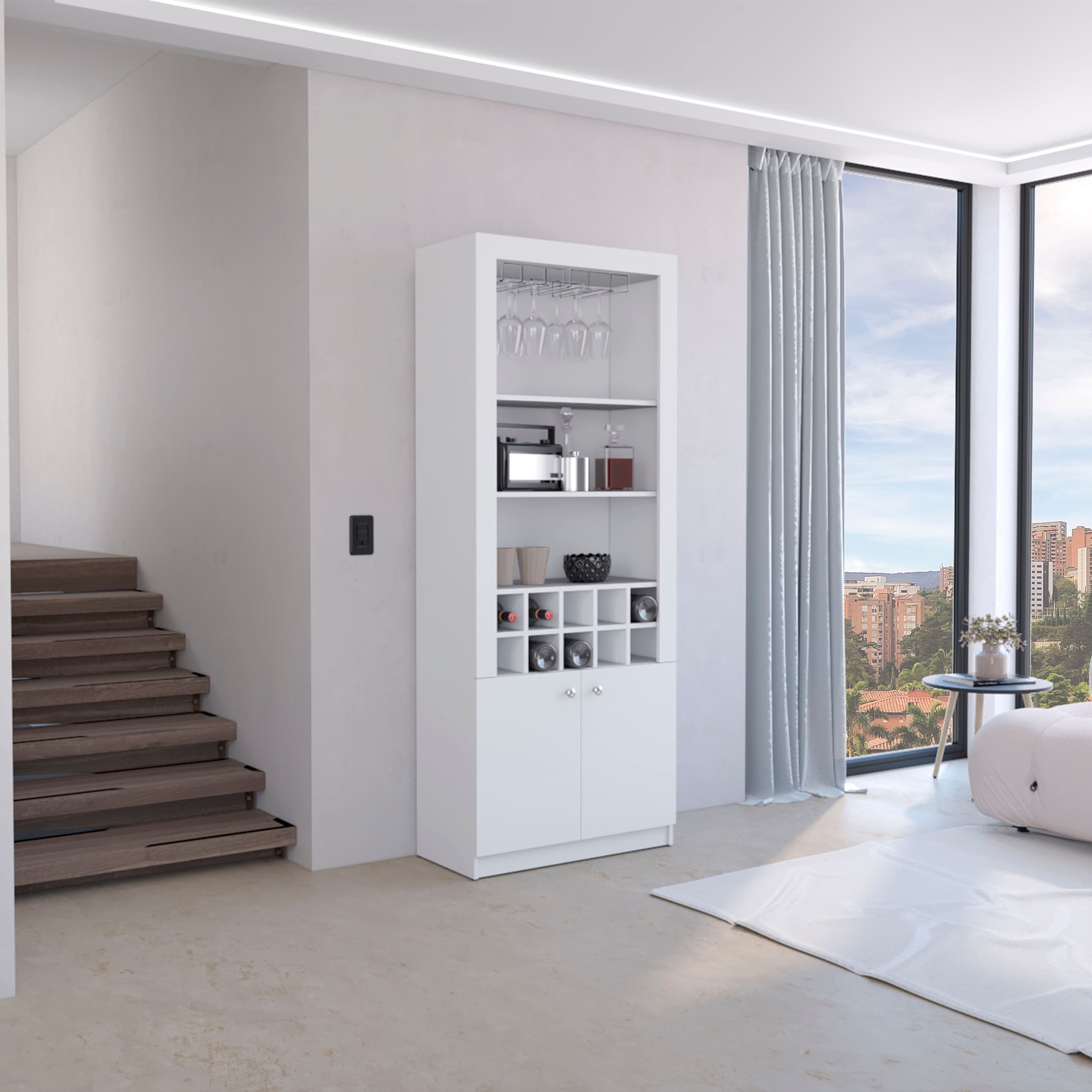 Nero Cabinet 4-Tier, Glass Holder Stemware Rack, Wine Cabinet, Liquor Cabinet, 10 Bottle Cubbies, 4 Shelves, White - Luciddepo