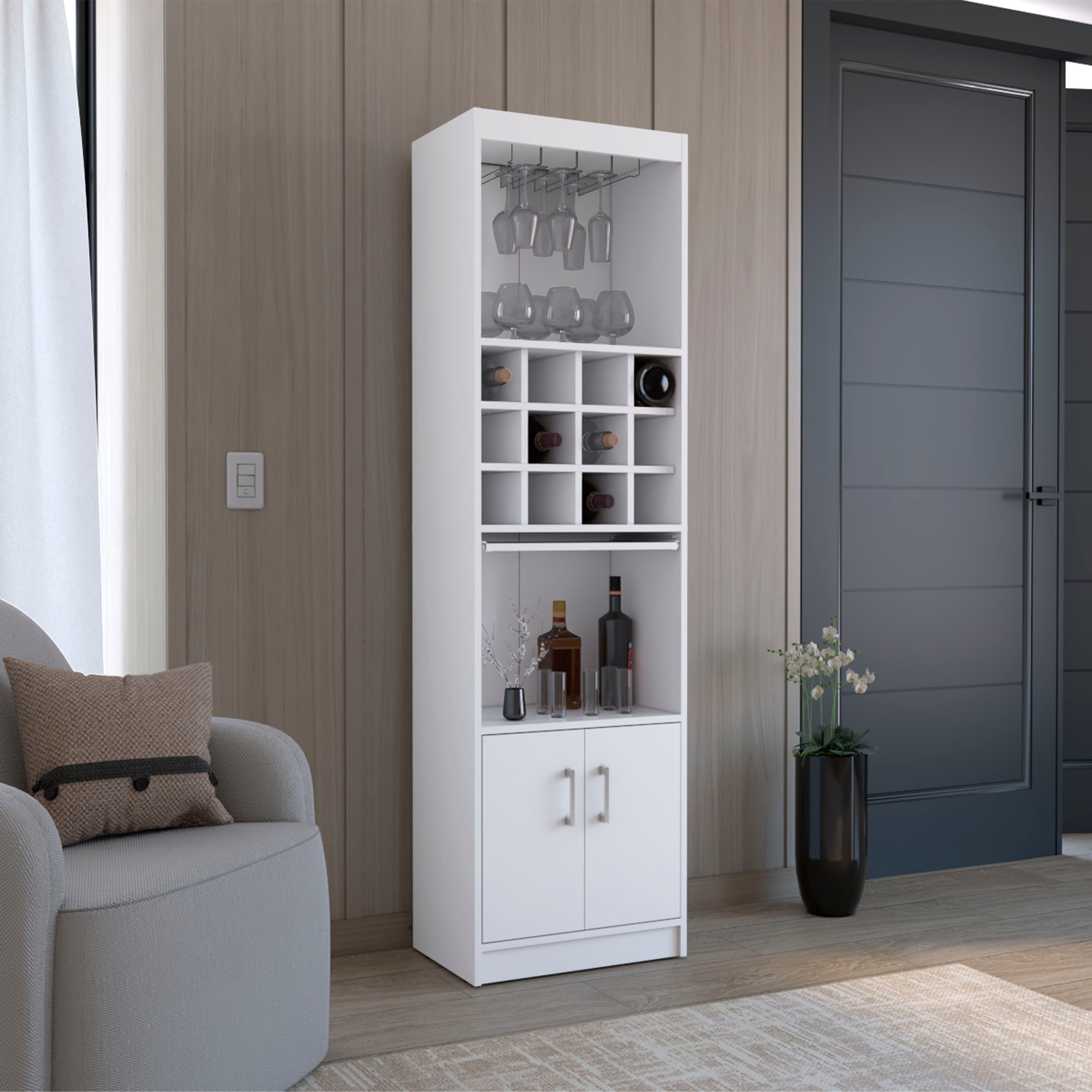 Pisek Bar Cabinet 5-Tier, Wine Cabinet, Liquor Cabinet, 12 Bottle Cubbies, 5 Shelves, White - Luciddepo