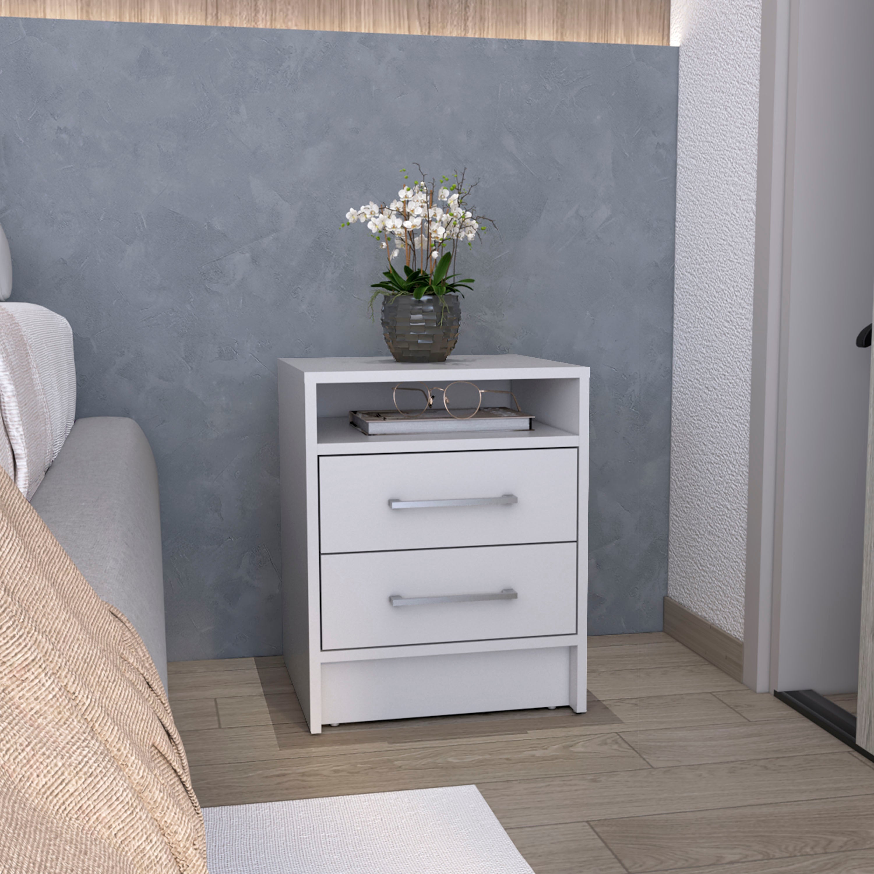 Kelso Nightstand with 2 Drawers and 1 Shelf, White - Luciddepo
