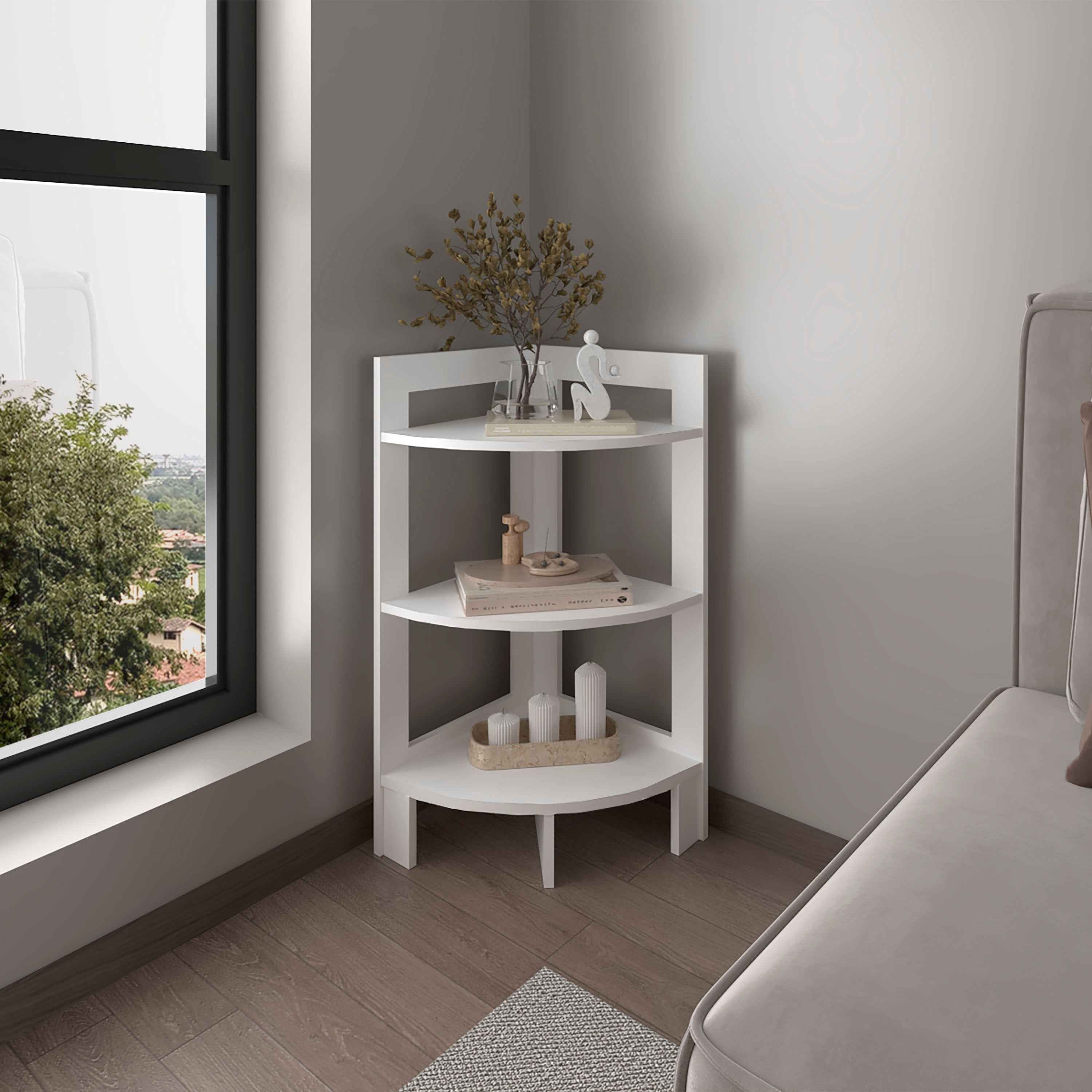 Akutan Side Table with 3 Shelves, 3 Legs, White