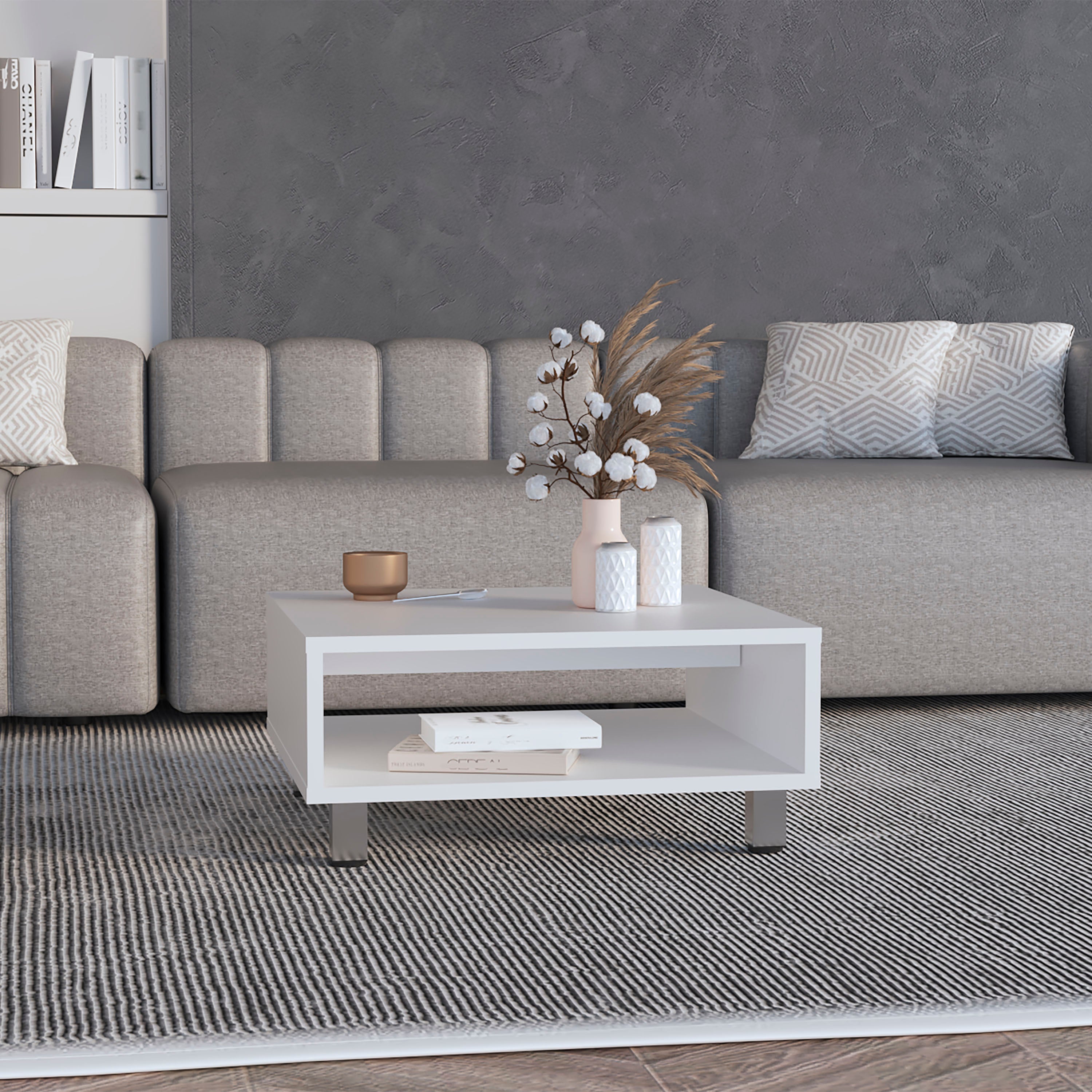 Chiniak Coffee Table, 1 shelf, 4 legs, White - Luciddepo