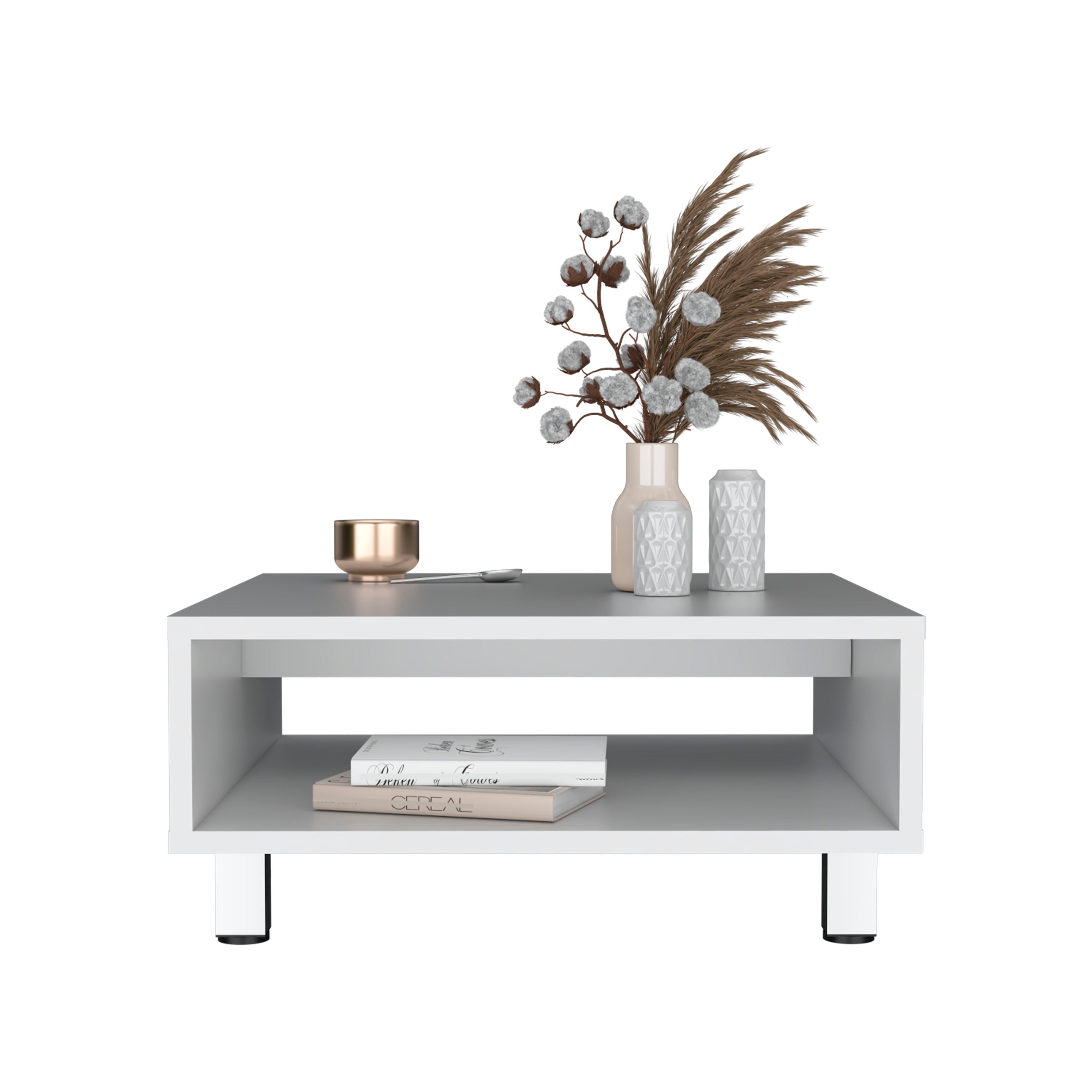 Chiniak Coffee Table, 1 shelf, 4 legs, White - Luciddepo