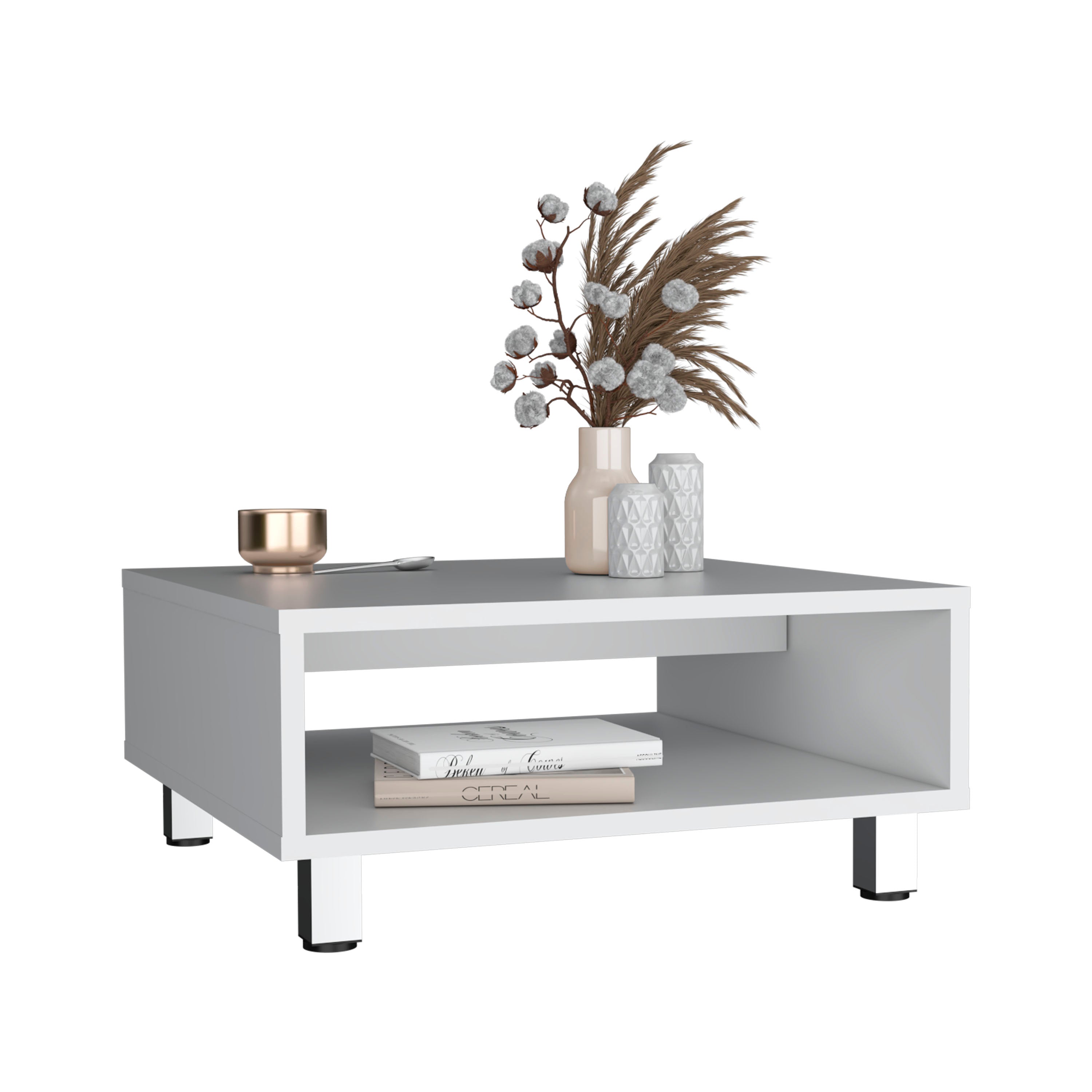 Chiniak Coffee Table, 1 shelf, 4 legs, White - Luciddepo