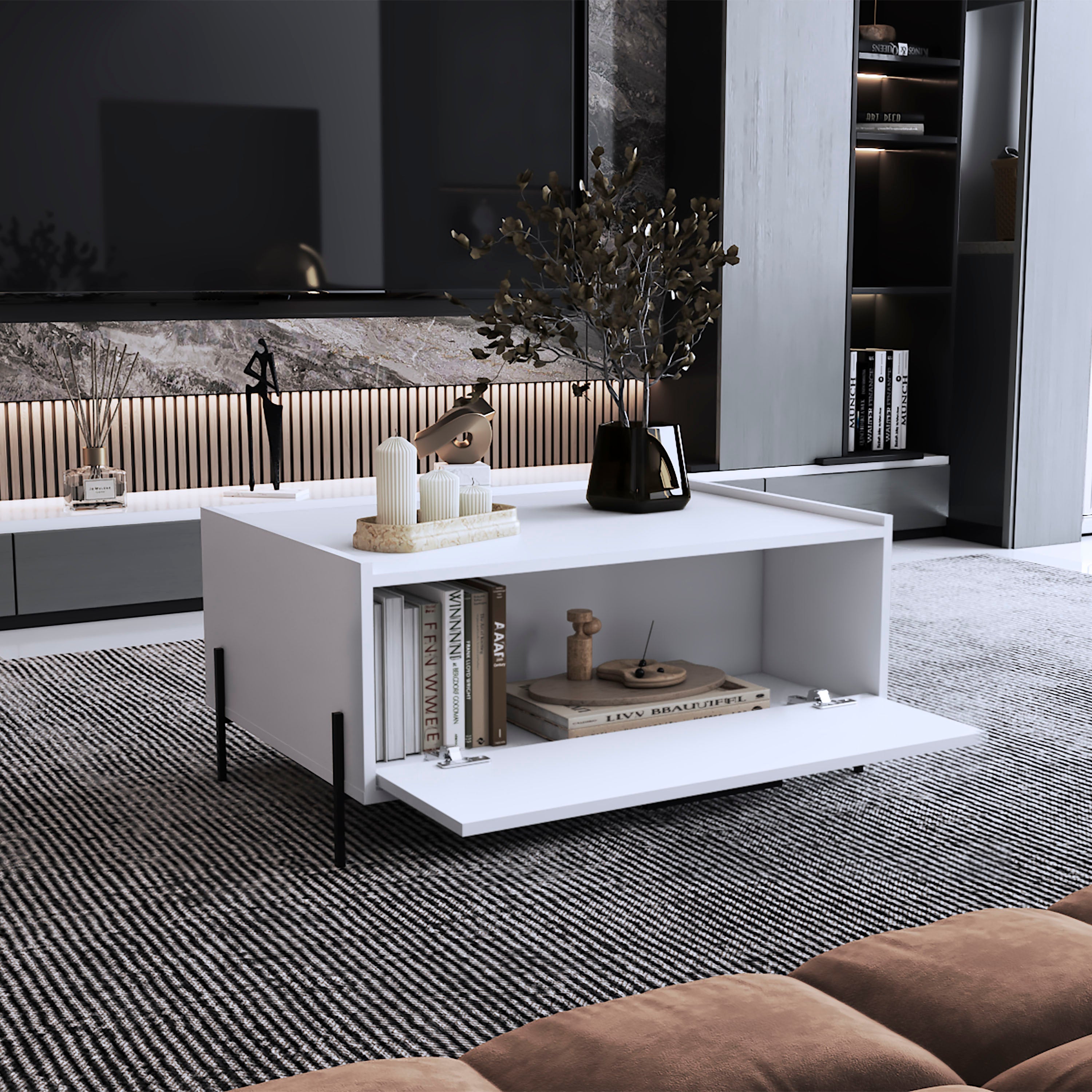 Juneau Coffee Table, 1 shelf, 4 legs, White - Luciddepo