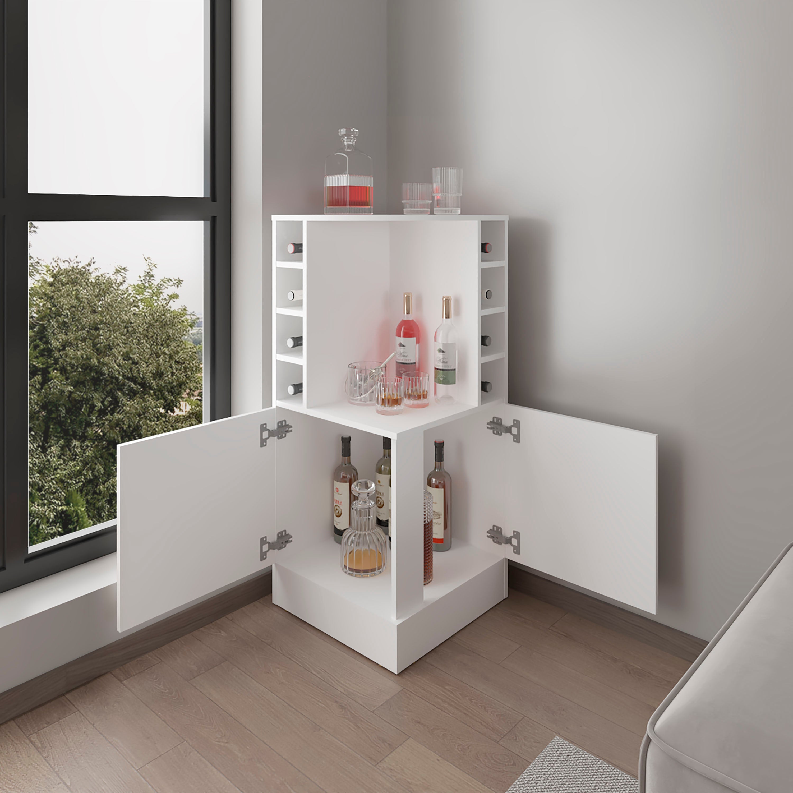 norwich Bar Cabinet, 2 Doors, 8 Wine Bottle Compartments, White - Luciddepo