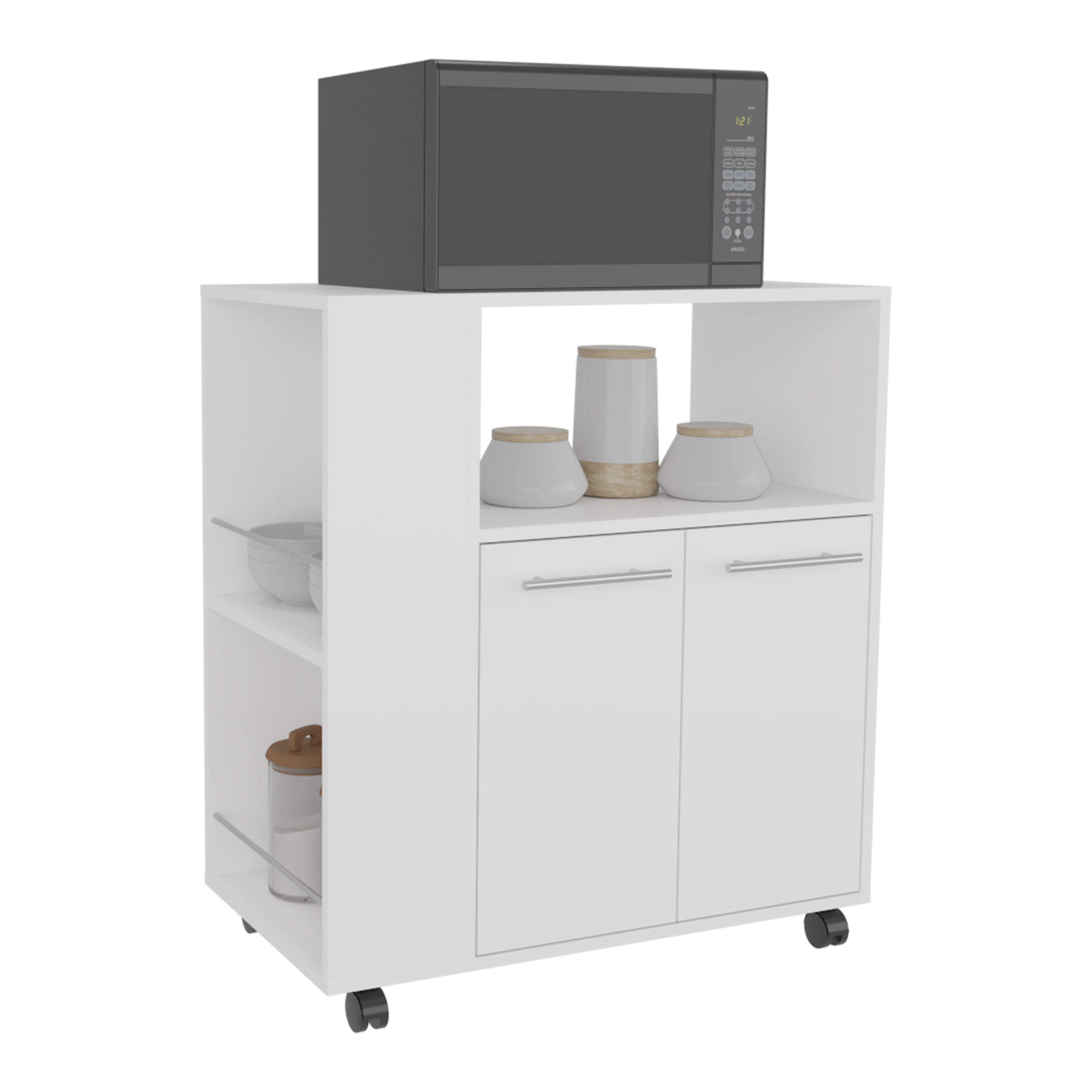 Bremerton Kitchen Cart, 2 Doors, 3 Shelves, 4 Wheels, White - Luciddepo