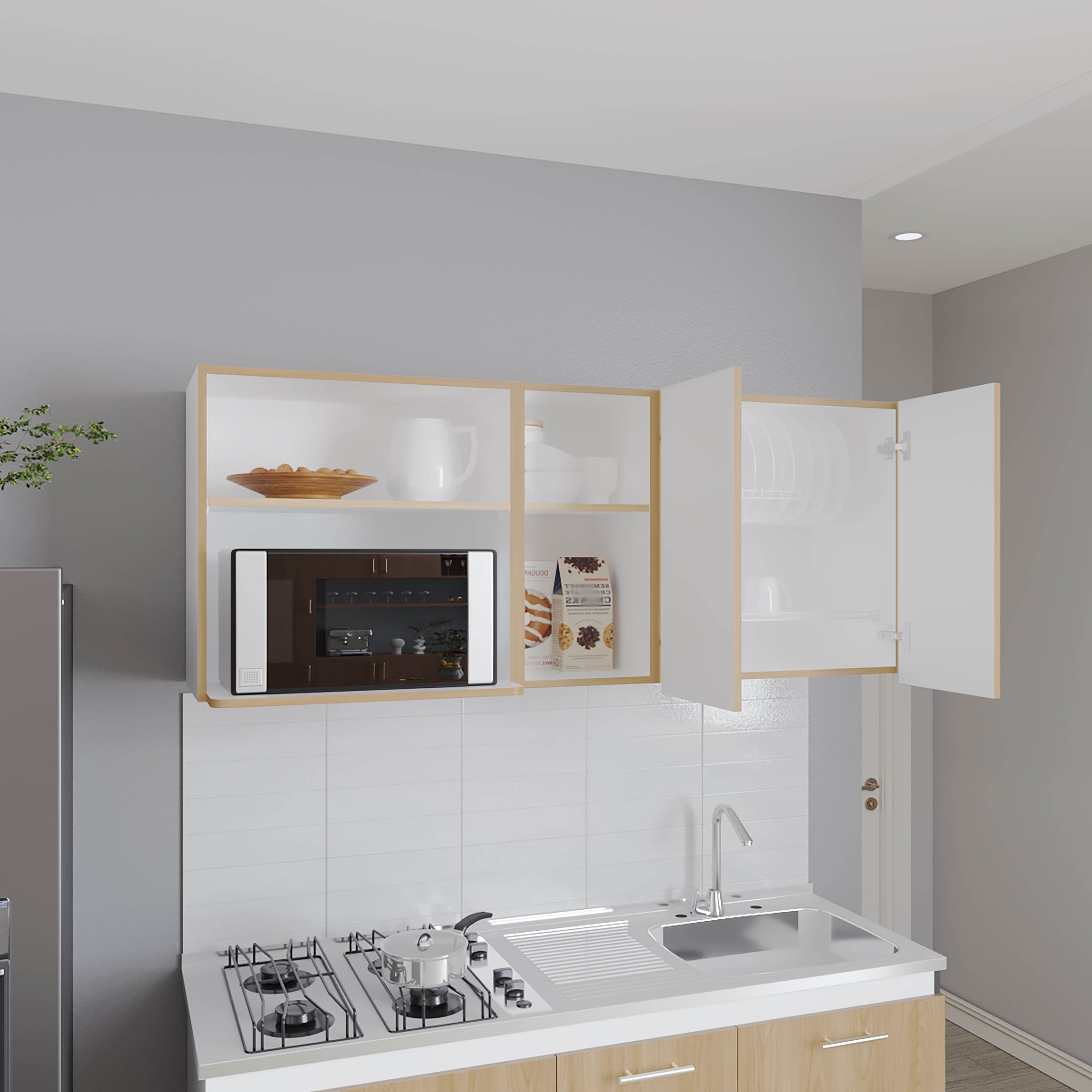 Sidman Wall Cabinet, 2 Doors, 4 Shelves, White / Natural Oak - Luciddepo