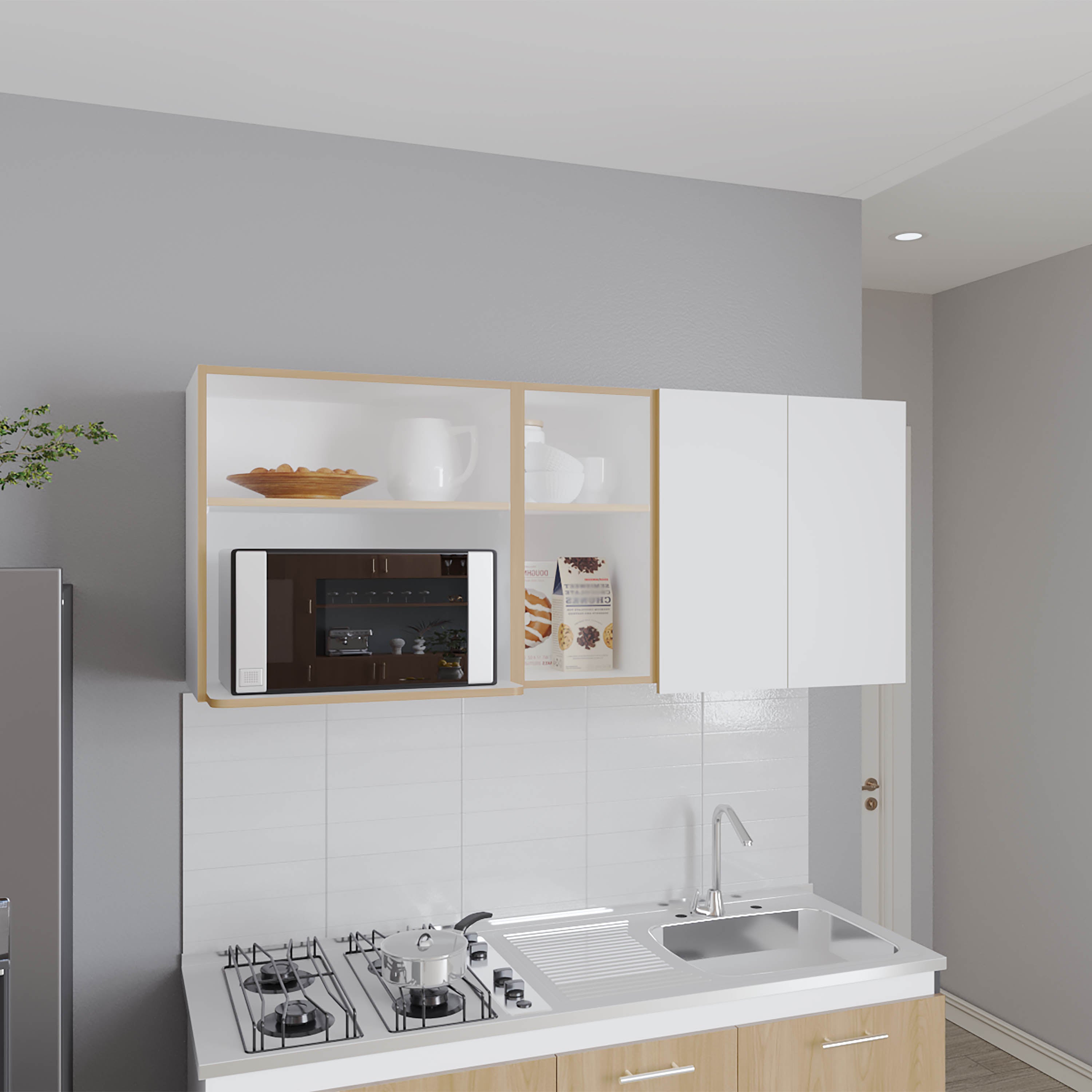 Sidman Wall Cabinet, 2 Doors, 4 Shelves, White / Natural Oak - Luciddepo