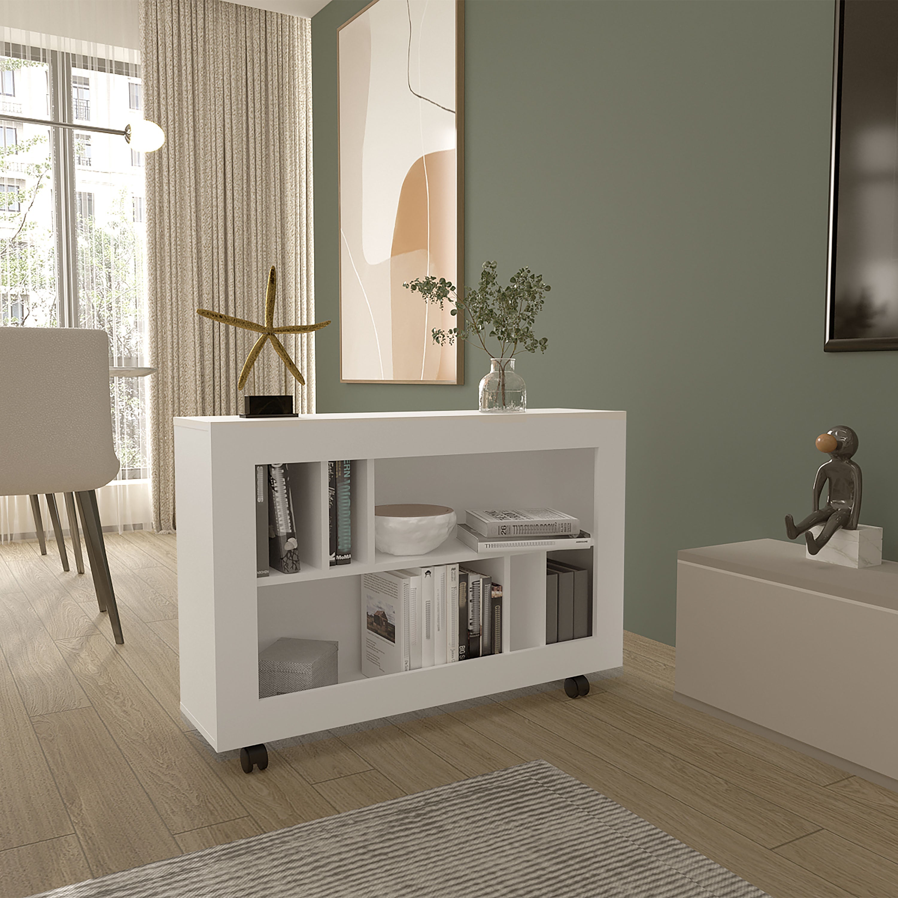 Lacey Console Table Cart, 5 Shelves, 4 Casters, White - Luciddepo