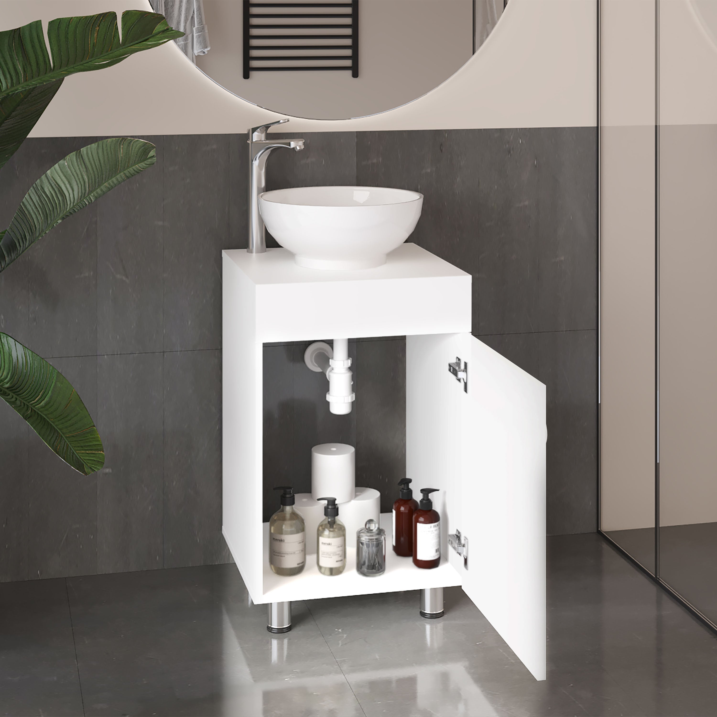 Vicksburg Bathroom Vanity, 1 Door, 4 Legs, White - Luciddepo