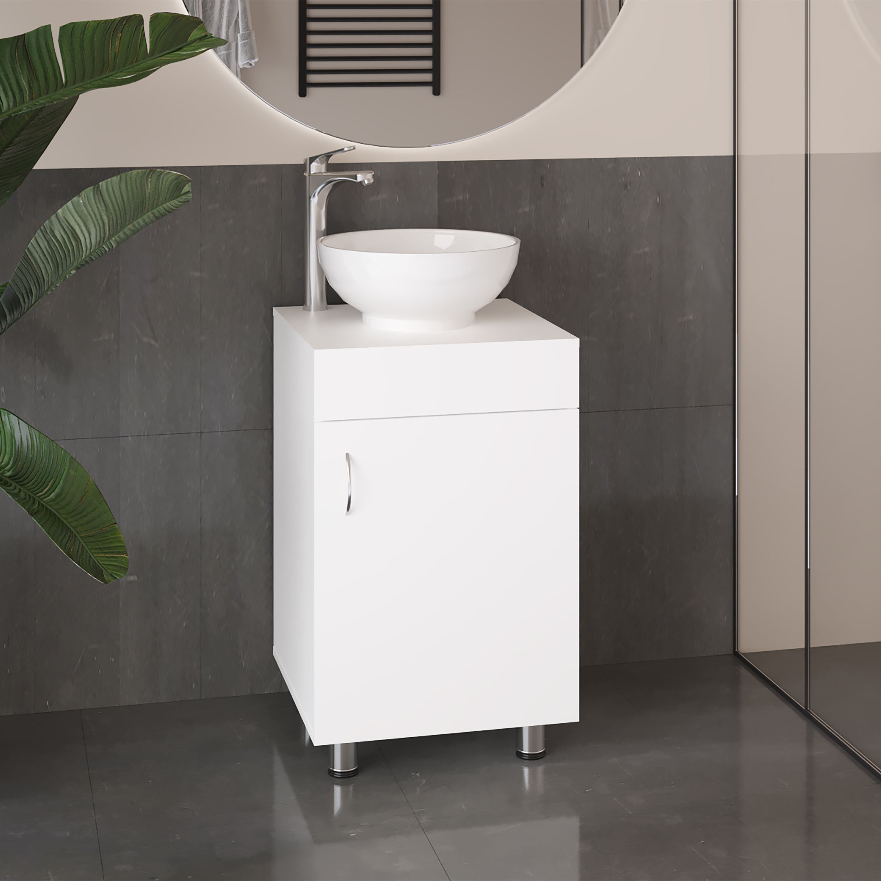 Vicksburg Bathroom Vanity, 1 Door, 4 Legs, White - Luciddepo