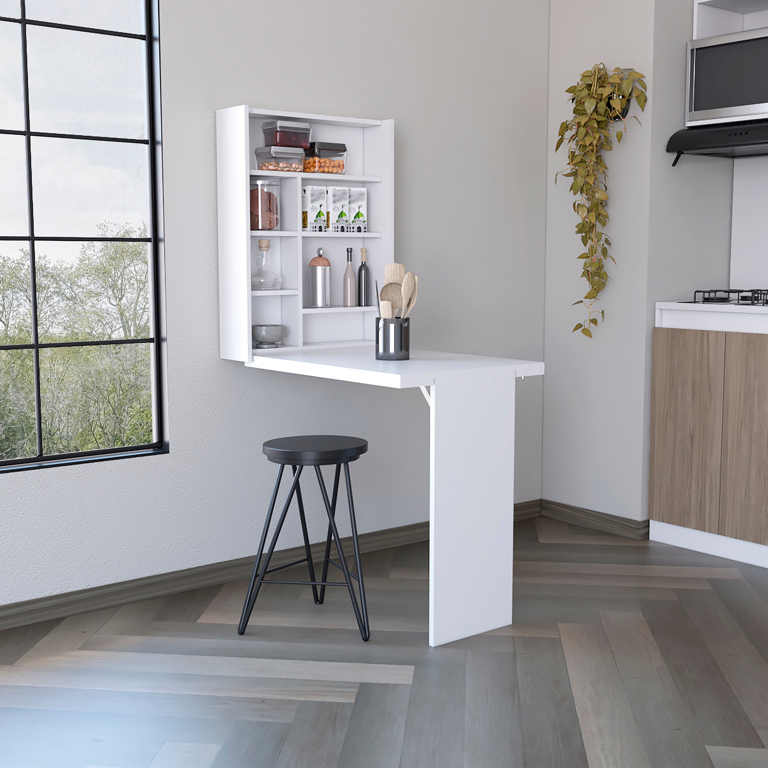 Toscana Wall Foldable Table with Multiple Shelves, White - Luciddepo