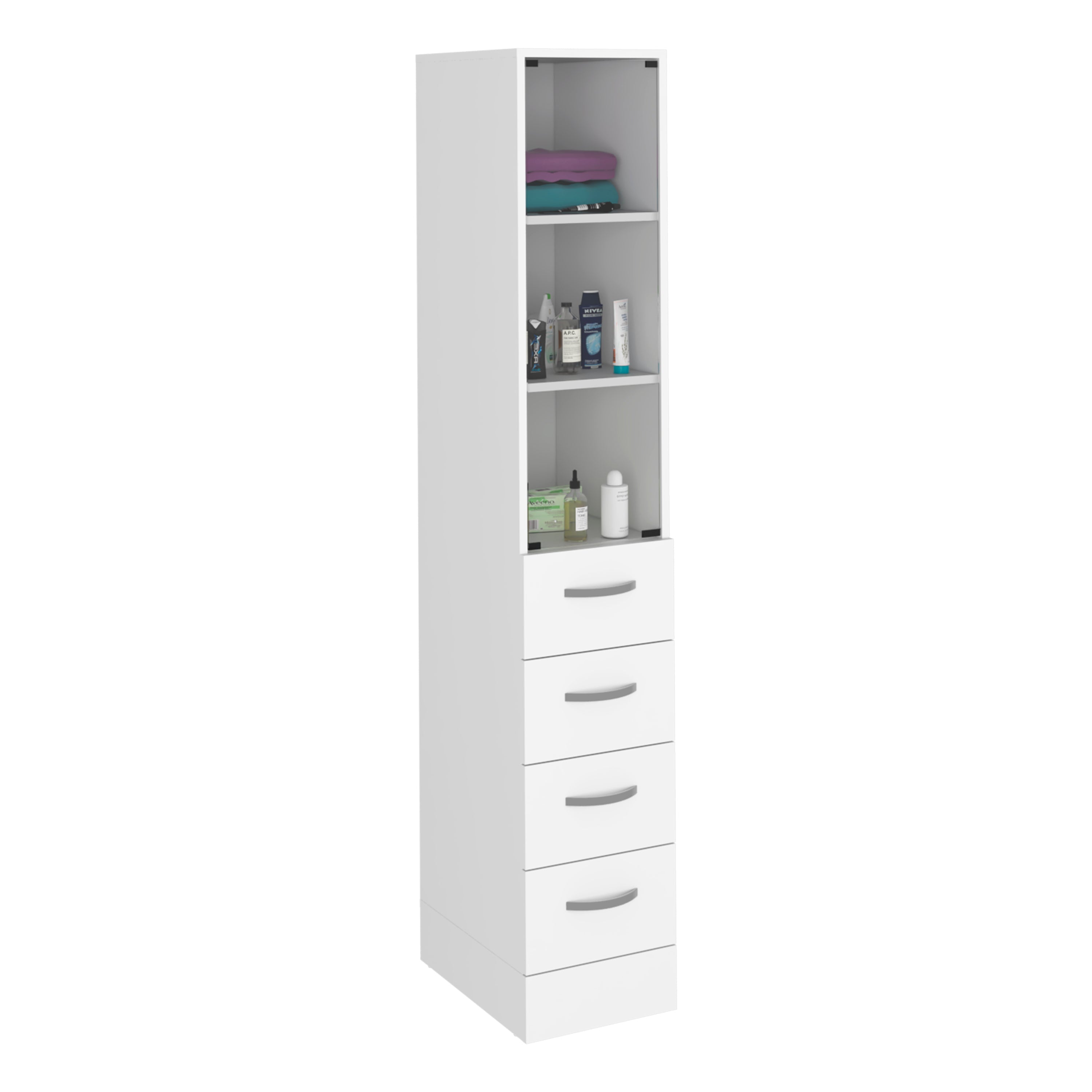 Magna Linen Cabinet, Three Shelves, Four Drawers, White - Luciddepo