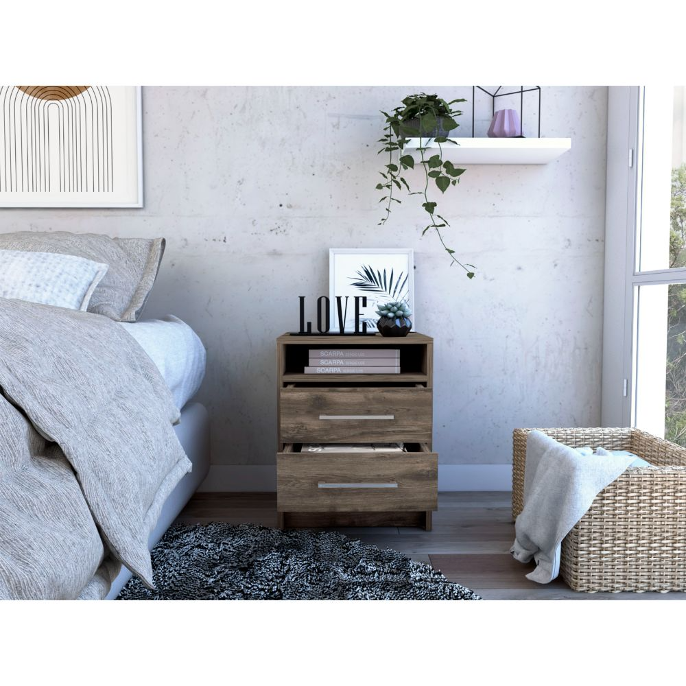 Leyva Nightstand, Two Drawers, Superior Top, Dark Brown - Luciddepo