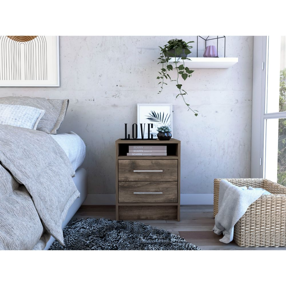 Leyva Nightstand, Two Drawers, Superior Top, Dark Brown - Luciddepo