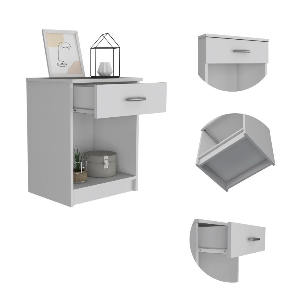 Beryl Nightstand, One Drawer, Low Shelf, Superior Top, White - Luciddepo