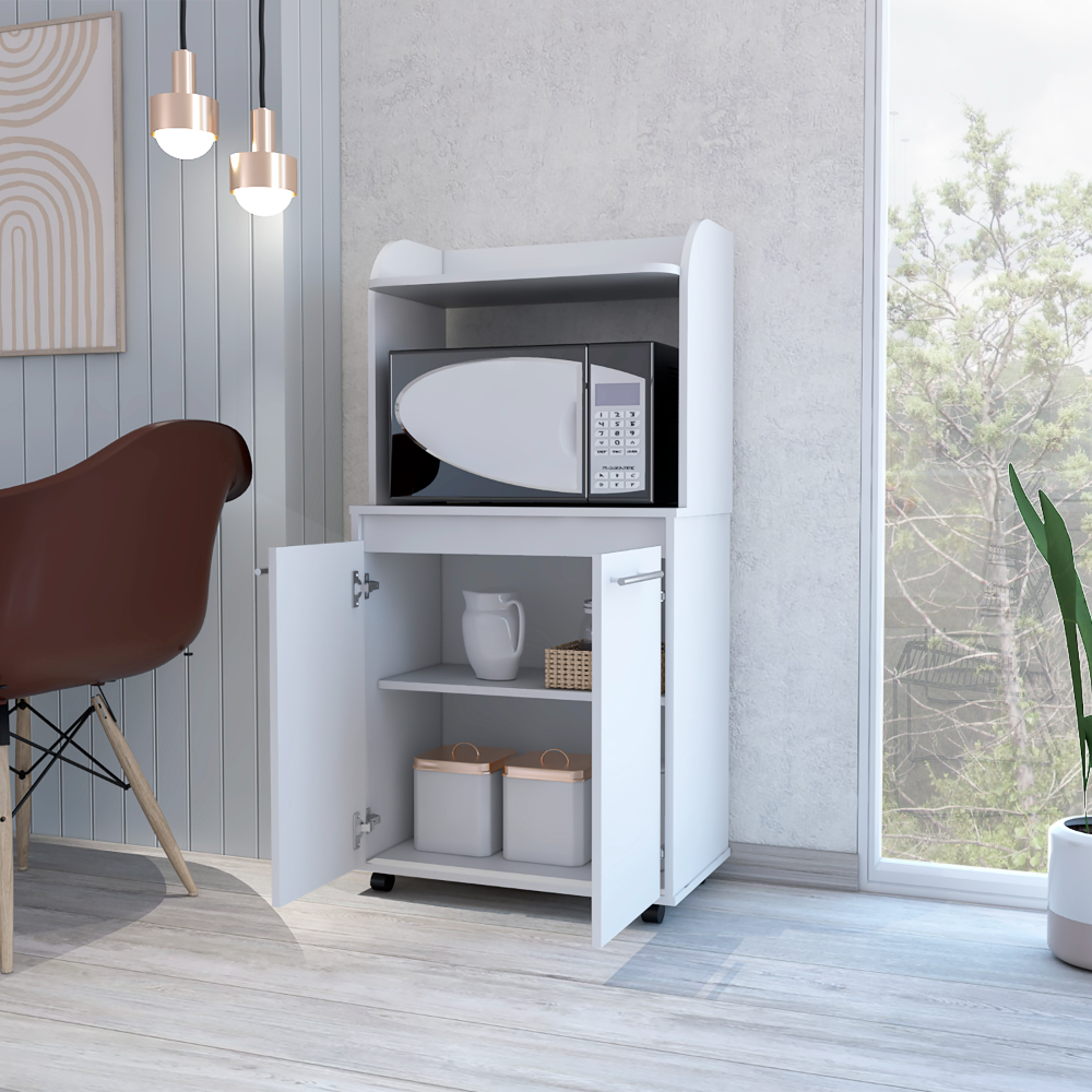 Lucca Kitchen Cart, Two Door Cabinet, One Open Shelf, Two Interior Shelves, White - Luciddepo