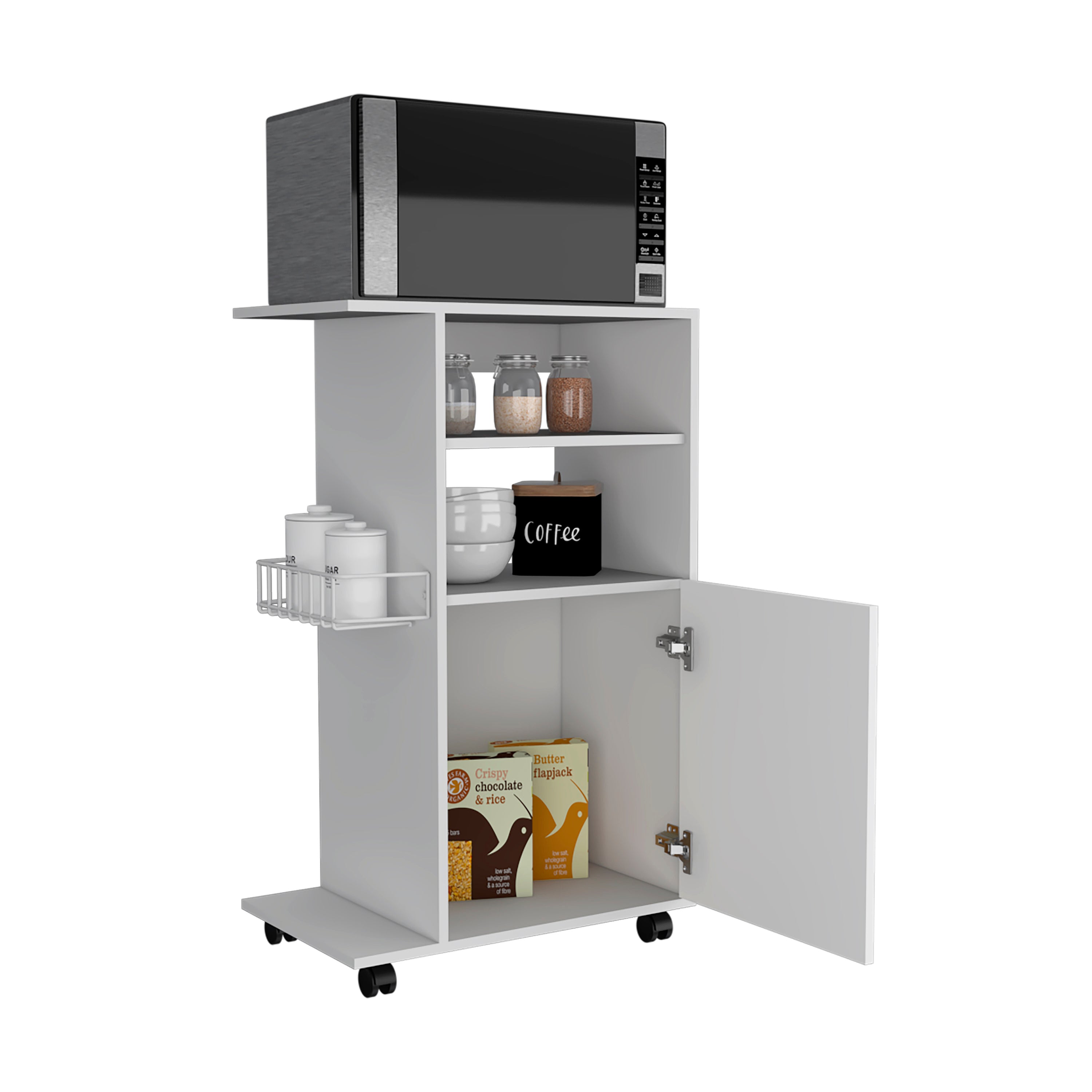 Opal Kitchen Cart, Single Door Cabinet, Four Casters, White - Luciddepo