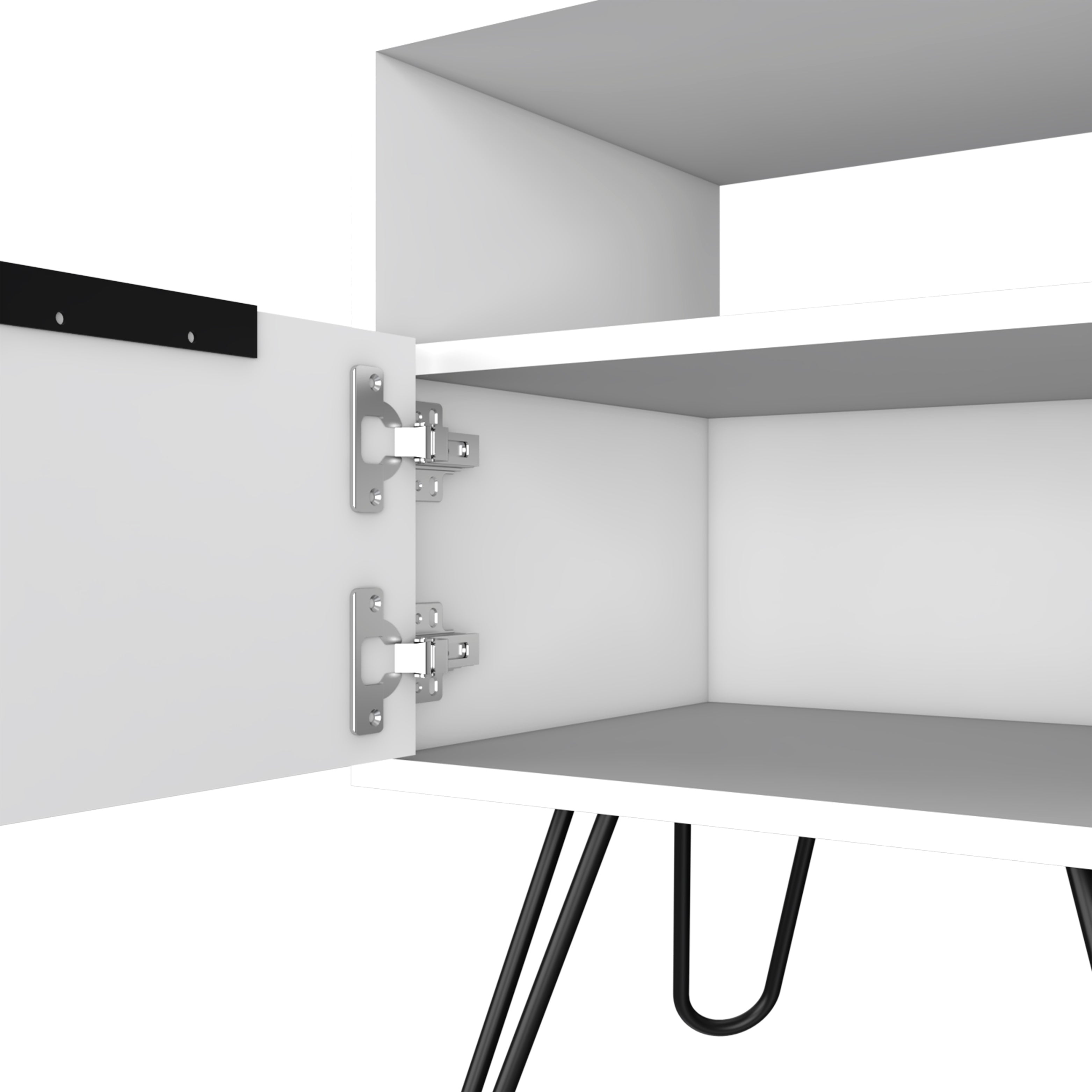 Begonia Nightstand, Shelf, Single Door Cabient, Hairpin Legs, White - Luciddepo