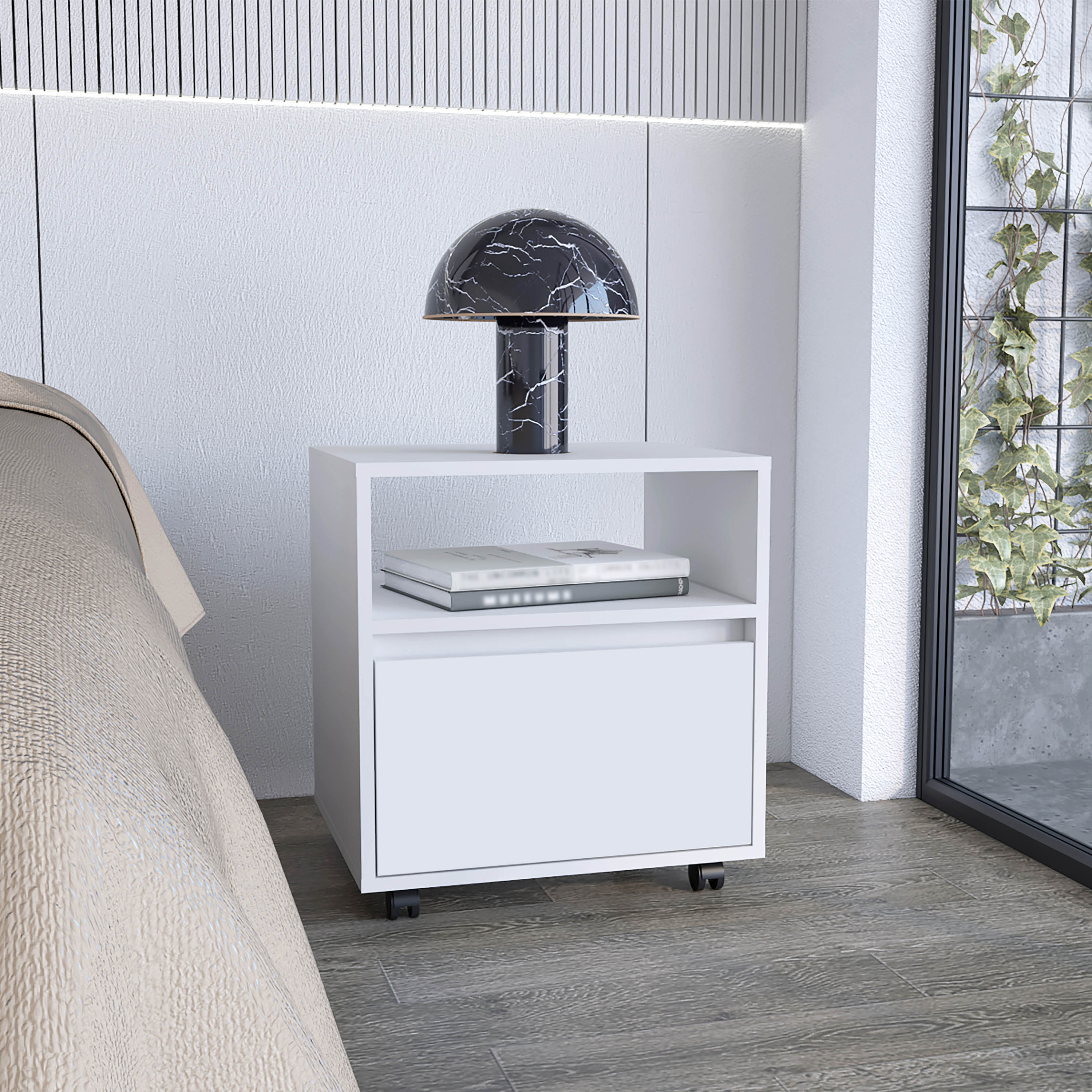 Wasilla Nightstand with Open Shelf, 1 Drawer and Casters, White - Luciddepo