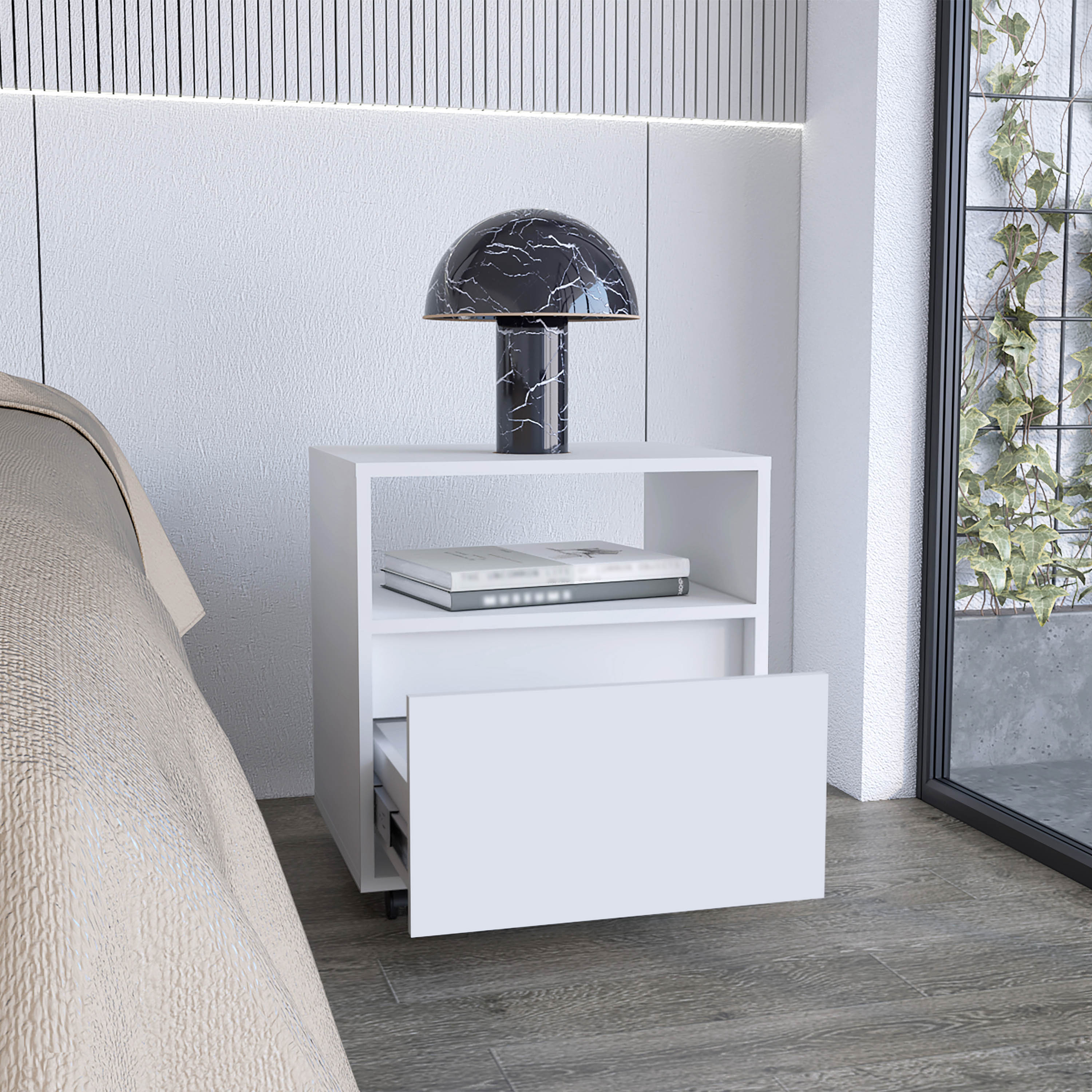 Wasilla Nightstand with Open Shelf, 1 Drawer and Casters, White - Luciddepo