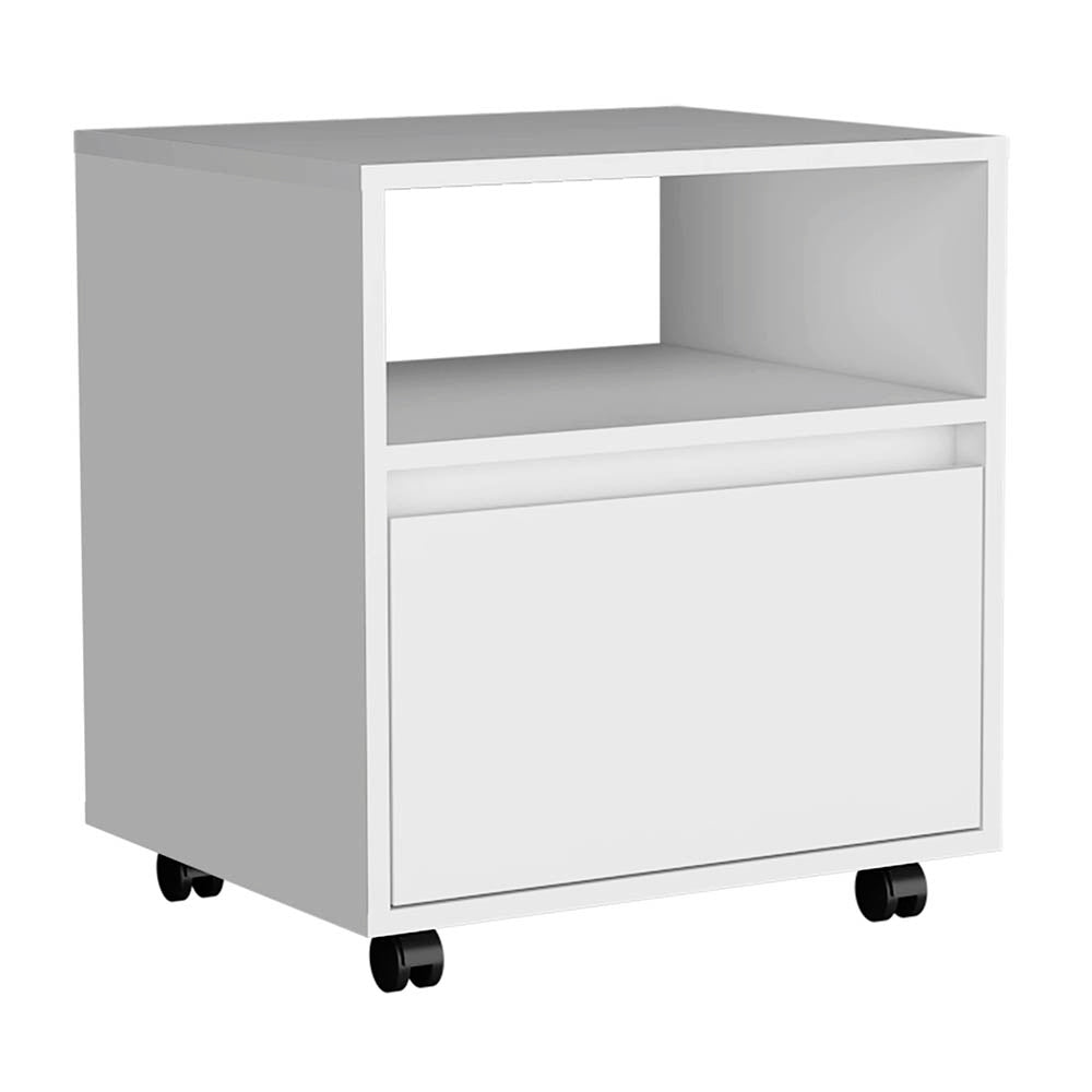 Wasilla Nightstand with Open Shelf, 1 Drawer and Casters, White - Luciddepo