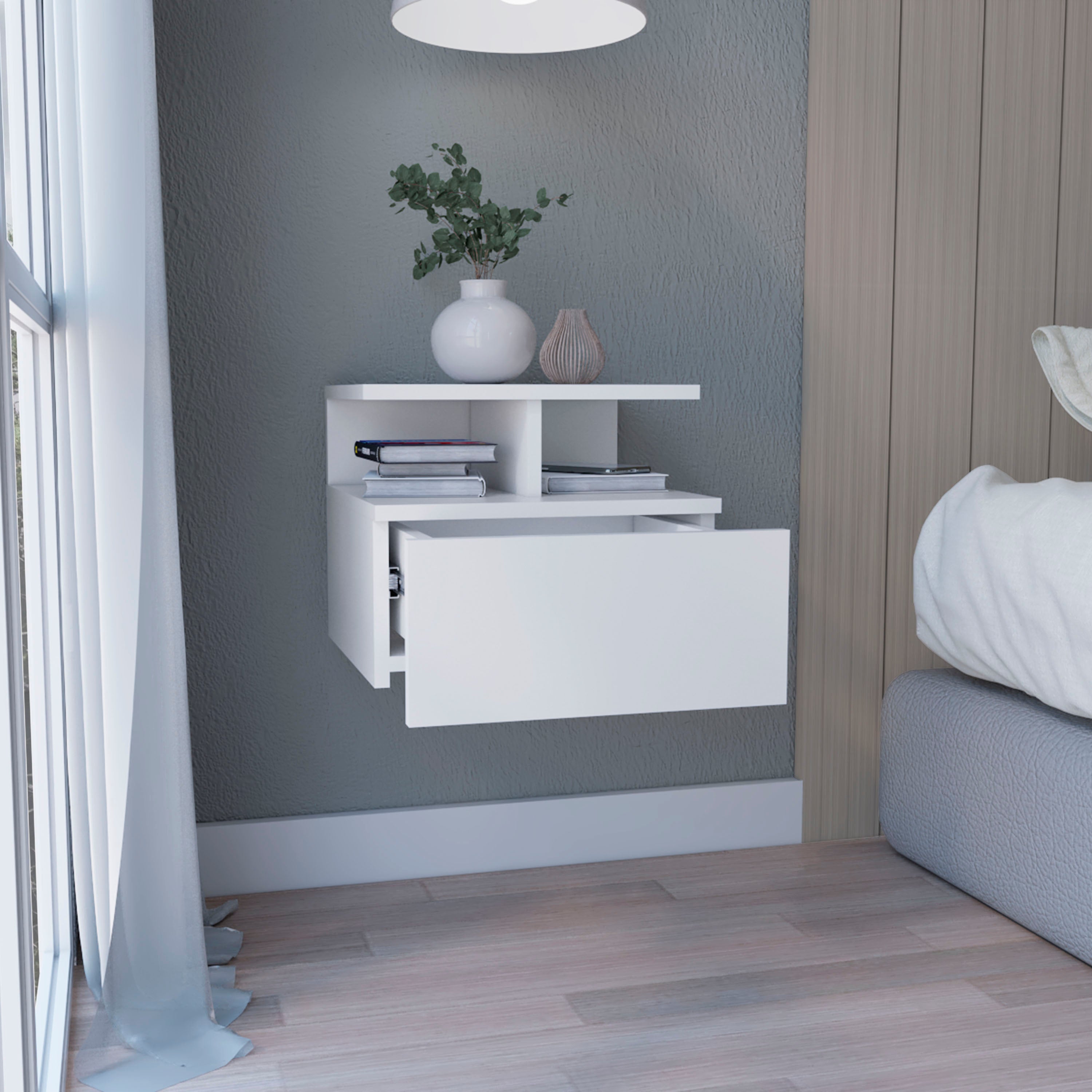 Seward Floating Nightstand, Wall Mounted with Single Drawer and 2-Tier Shelf, White - Luciddepo
