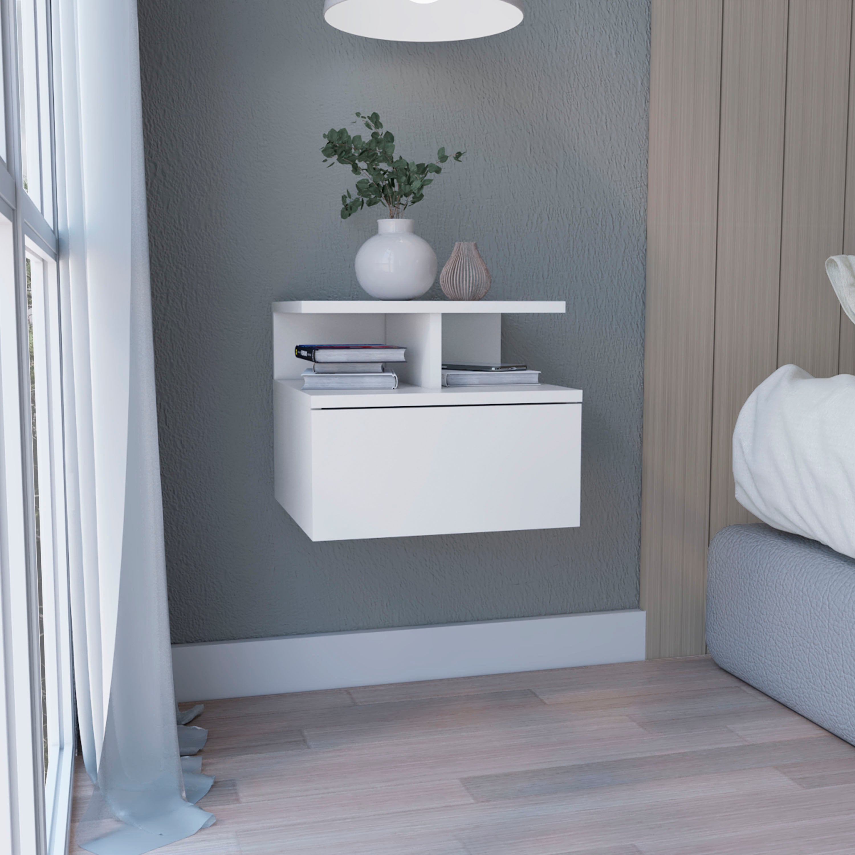Seward Floating Nightstand, Wall Mounted with Single Drawer and 2-Tier Shelf, White - Luciddepo
