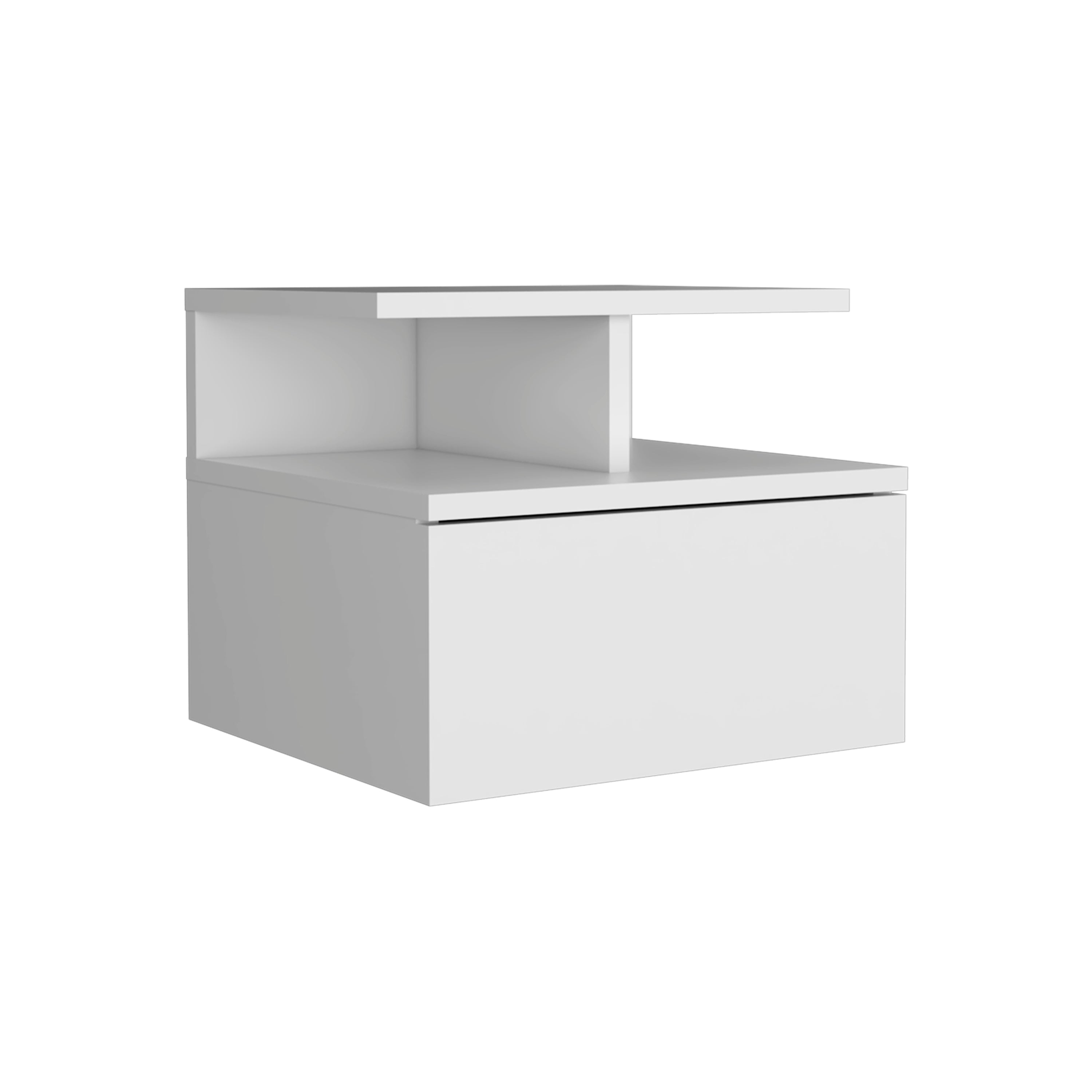 Seward Floating Nightstand, Wall Mounted with Single Drawer and 2-Tier Shelf, White - Luciddepo