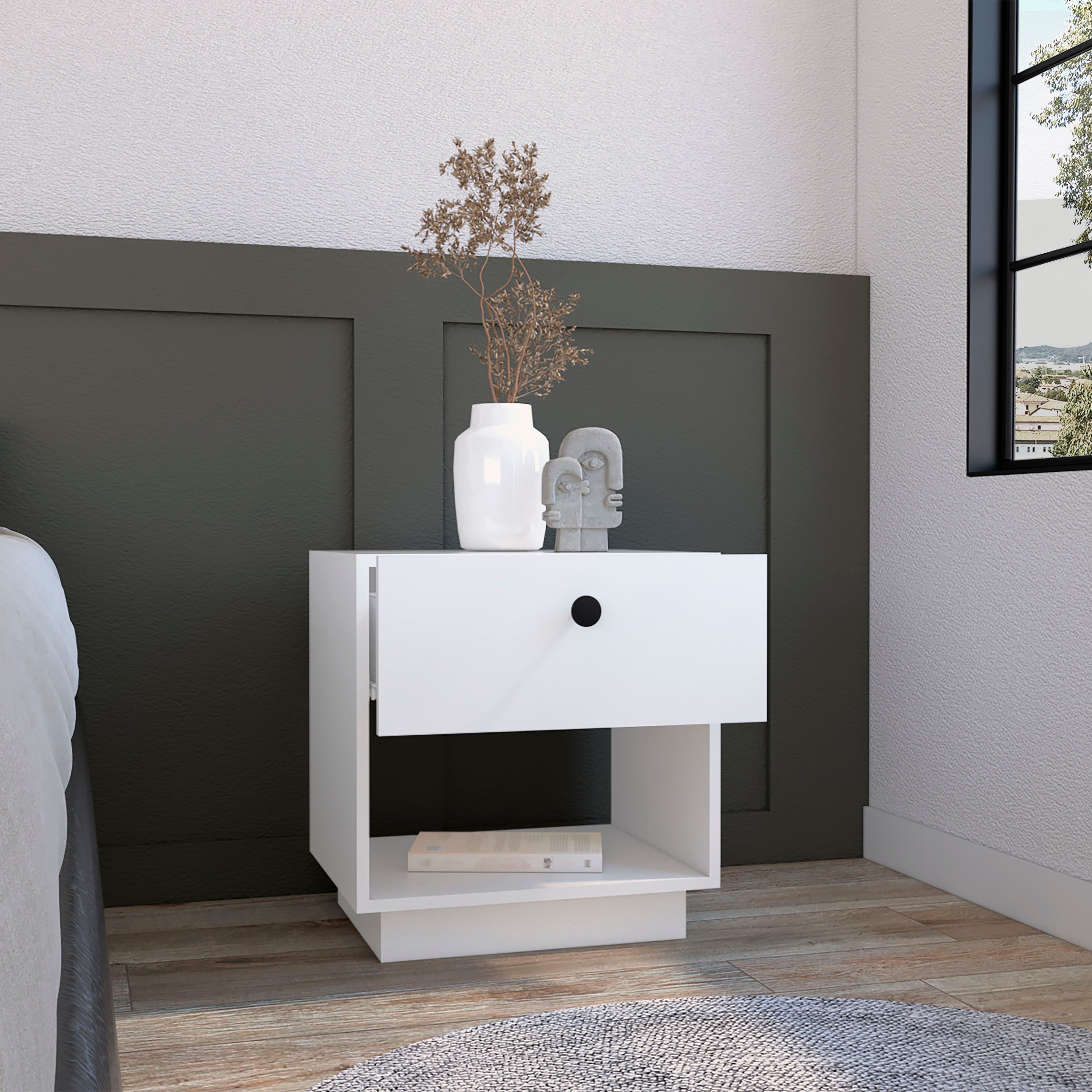 Macon Single Drawer Nightstand with Open Storage Shelf, White - Luciddepo