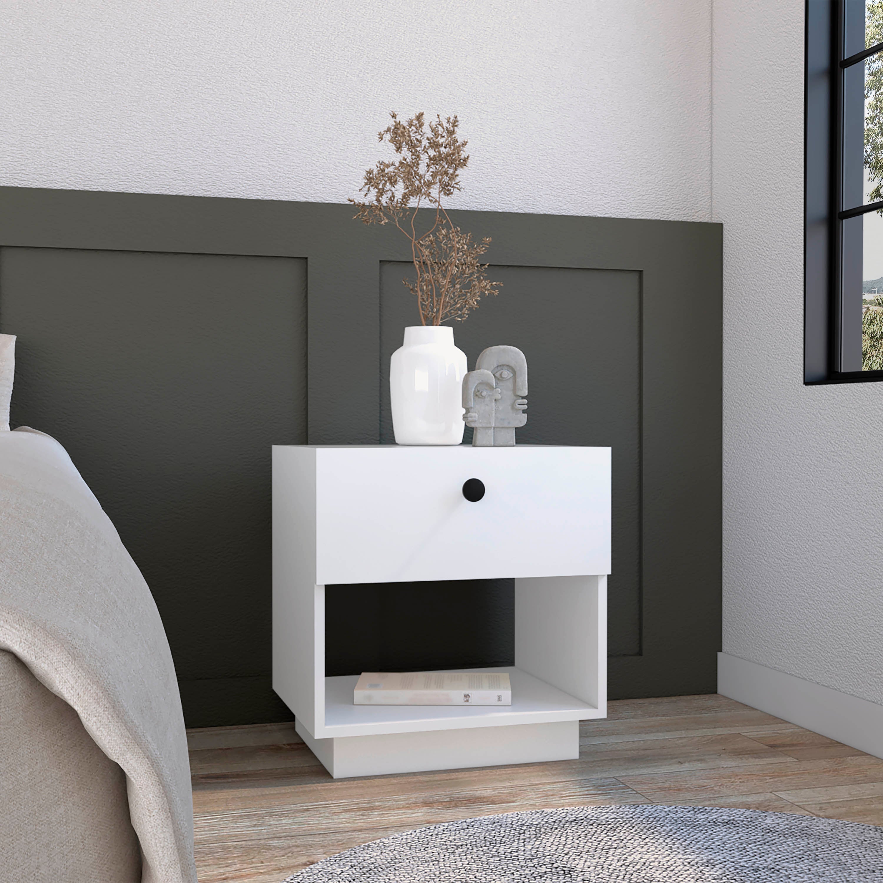 Macon Single Drawer Nightstand with Open Storage Shelf, White - Luciddepo