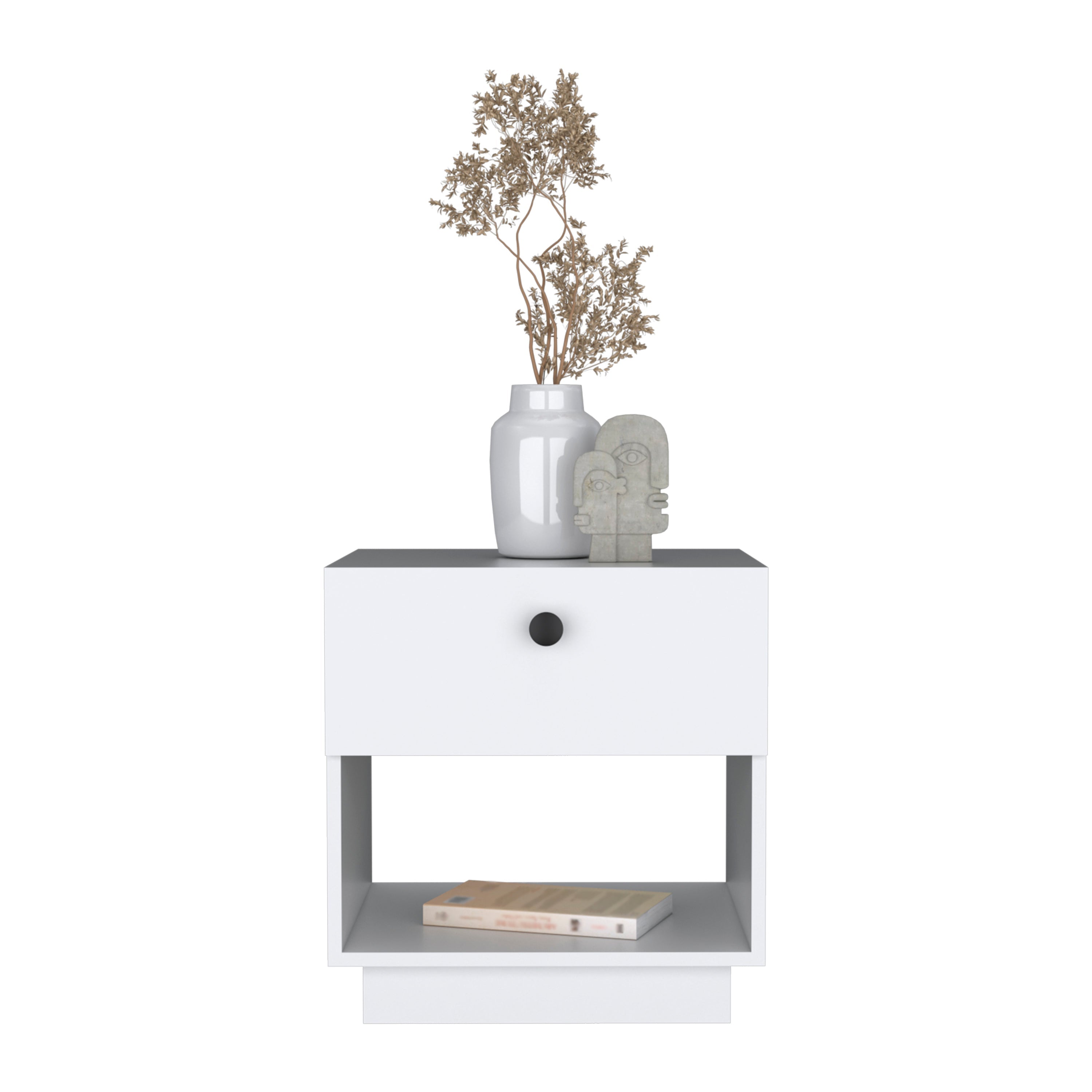 Macon Single Drawer Nightstand with Open Storage Shelf, White - Luciddepo