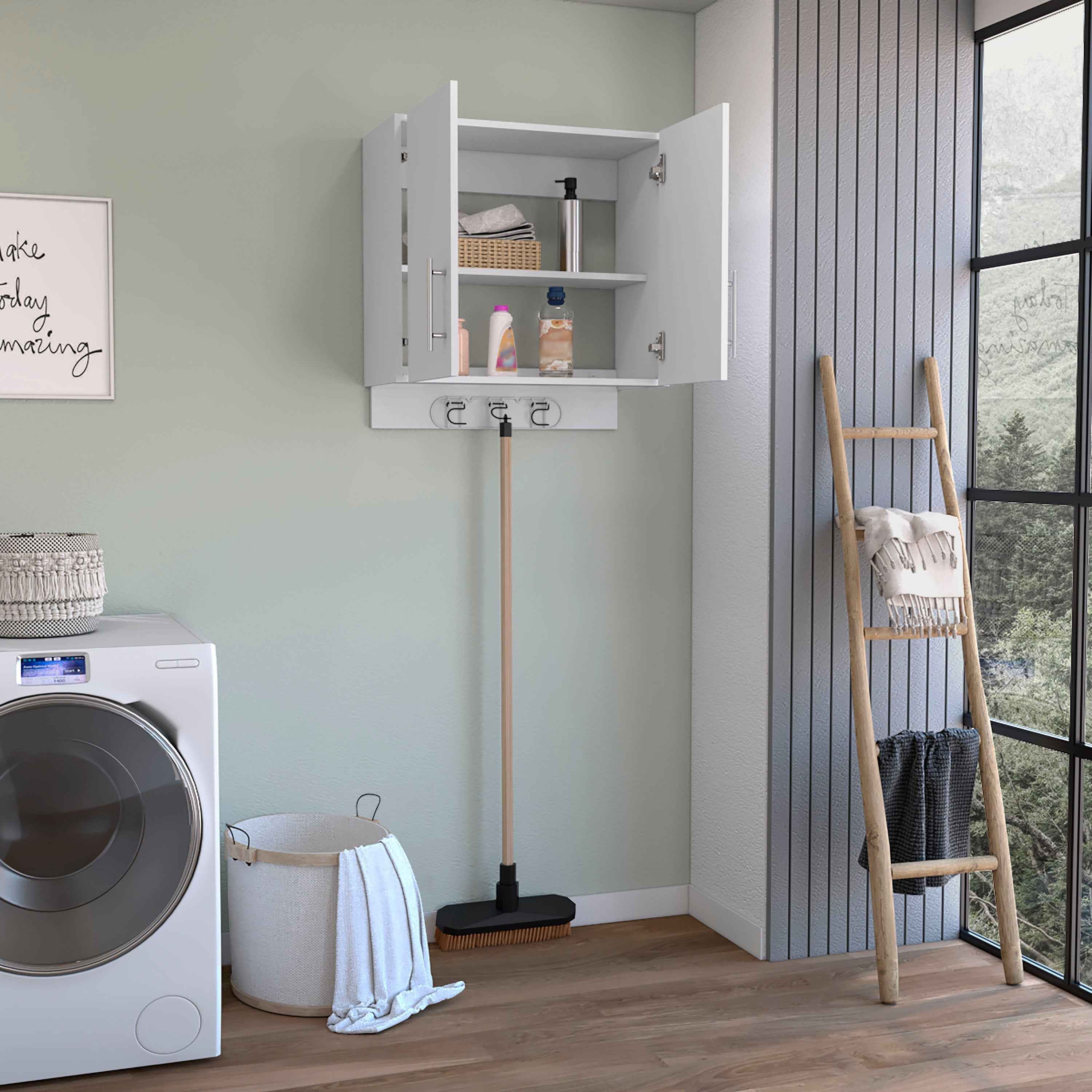 Albany Cabinet Wall Mounted with Broom Hangers and Metal Handles, White