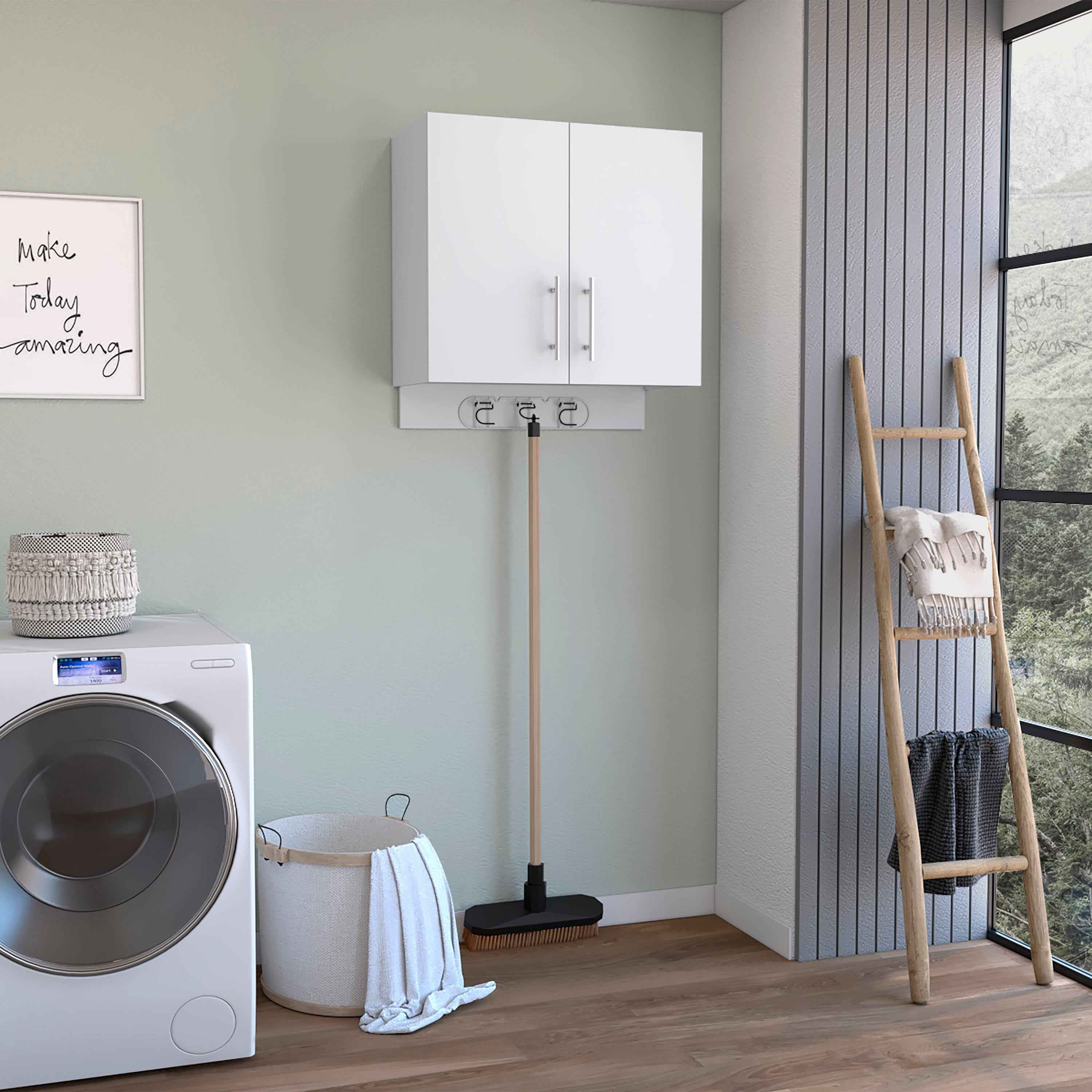 Albany Cabinet Wall Mounted with Broom Hangers and Metal Handles, White