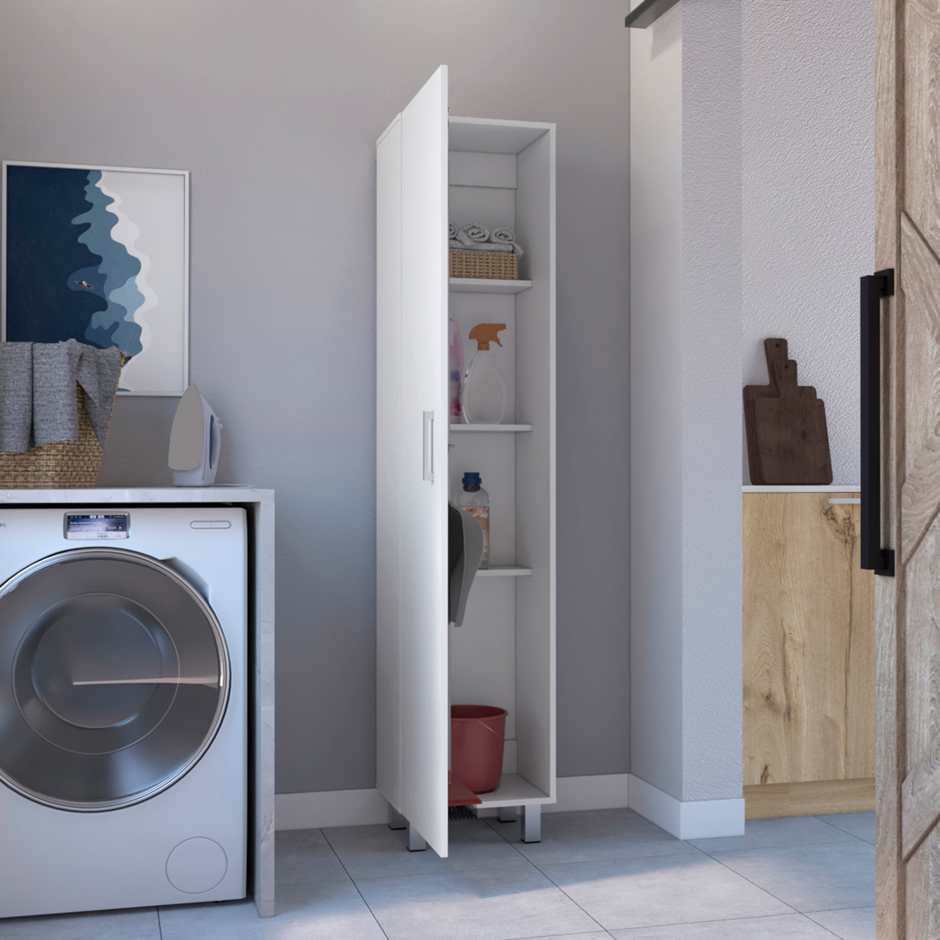 Vernon Slim Storage Cabinet with 4-Tier Shelf and Broom Hangers, White - Luciddepo