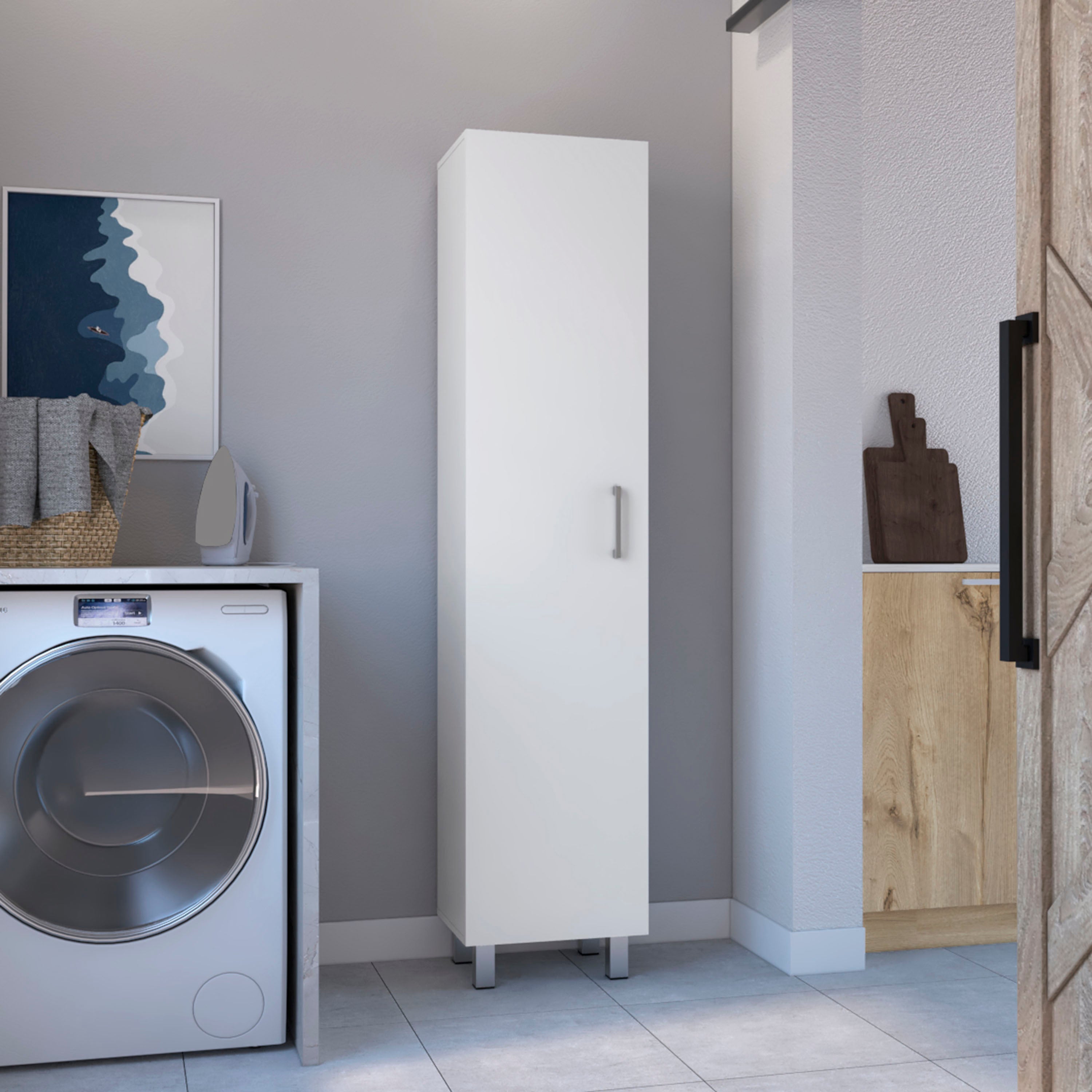 Vernon Slim Storage Cabinet with 4-Tier Shelf and Broom Hangers, White - Luciddepo