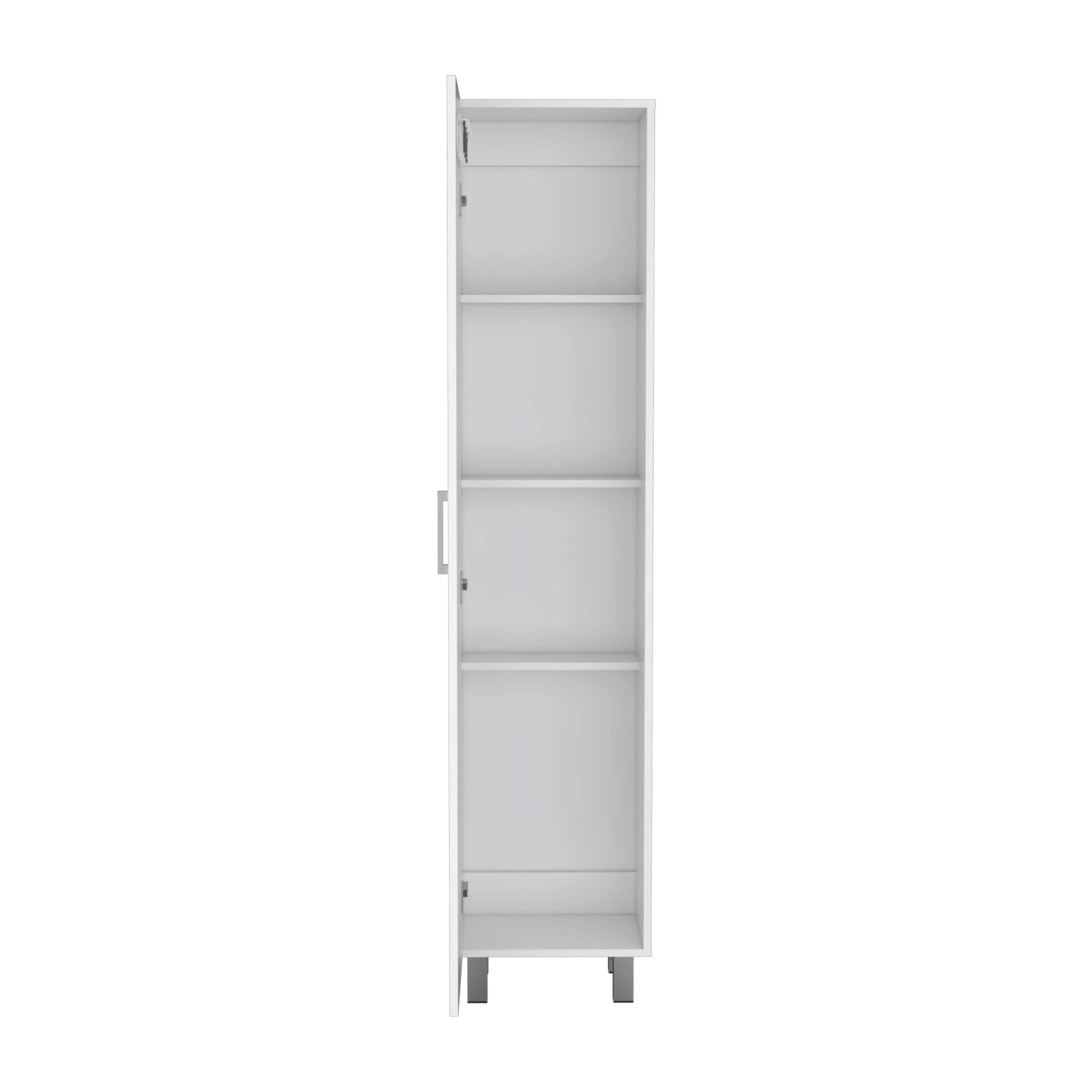 Vernon Slim Storage Cabinet with 4-Tier Shelf and Broom Hangers, White - Luciddepo