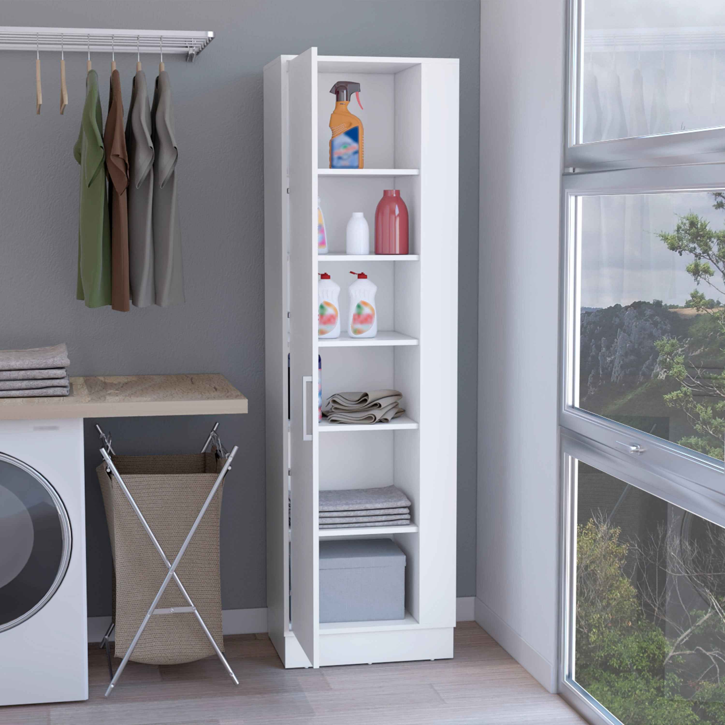 Fairfield Utility Storage Cabinet with 6-Tier Shelf and Broom Hangers, White