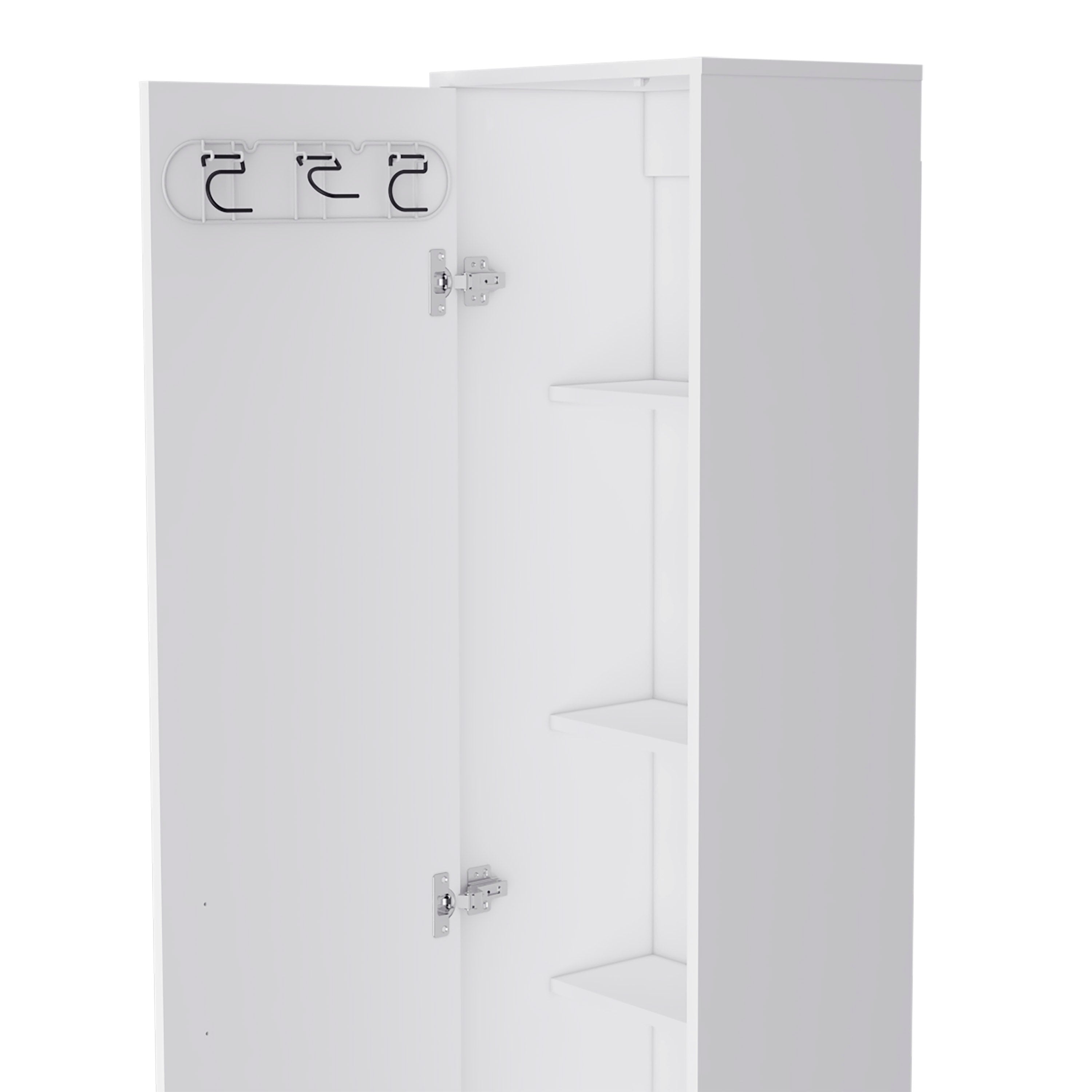 Dryden Tall Narrow Storage Cabinet with 5-Tier Shelf and Broom Hangers, White - Luciddepo