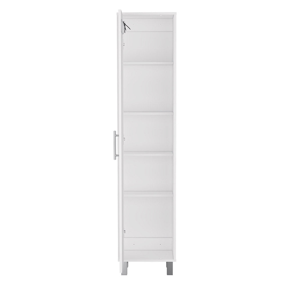 Dryden Tall Narrow Storage Cabinet with 5-Tier Shelf and Broom Hangers, White - Luciddepo