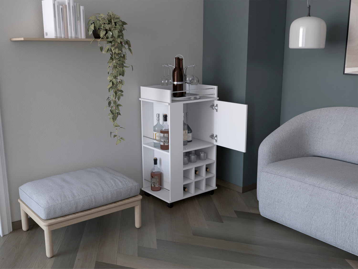 Fraser Bar Cart with 6 Built-in Wine Rack and Casters, White - Luciddepo