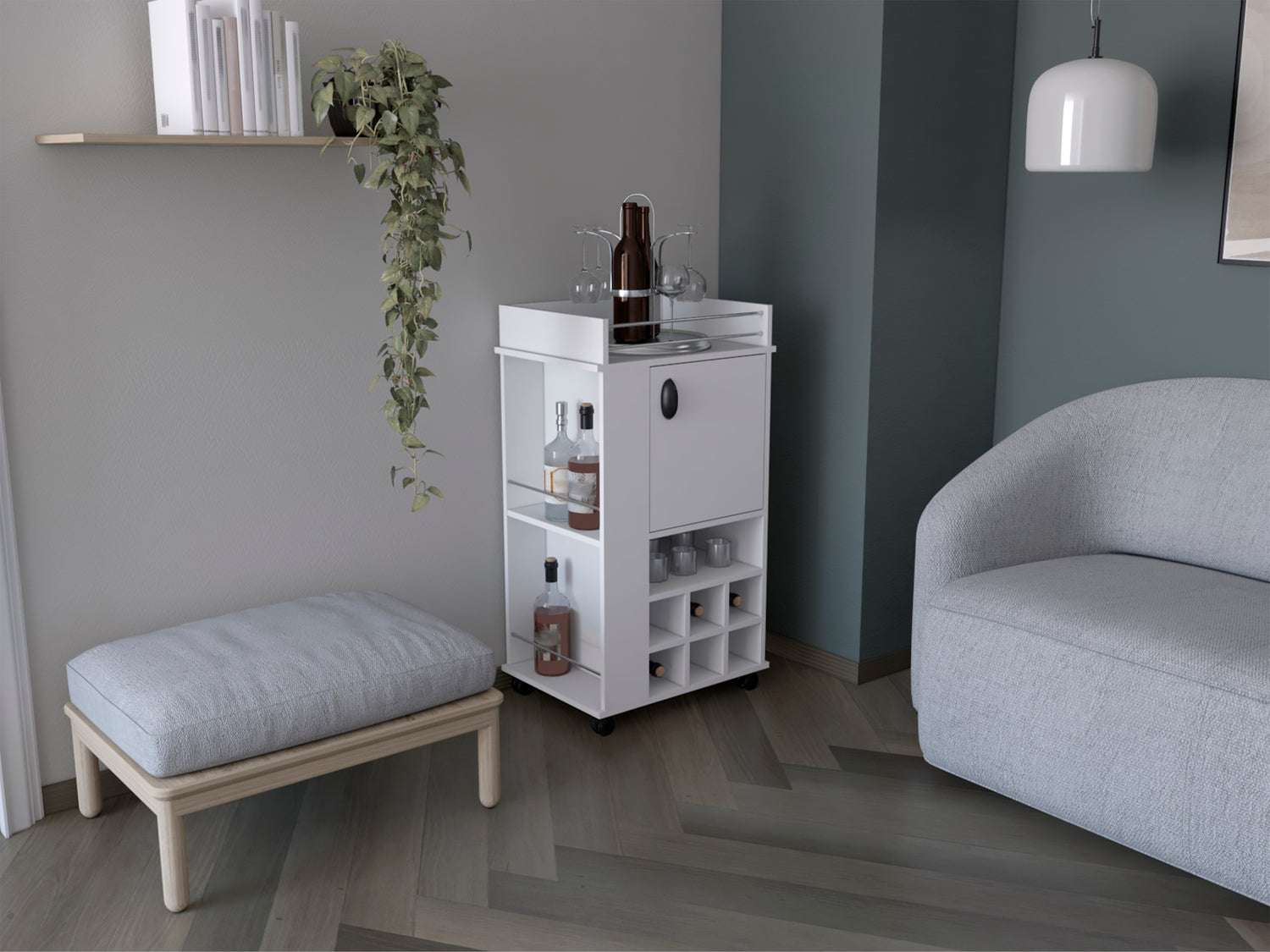 Fraser Bar Cart with 6 Built-in Wine Rack and Casters, White - Luciddepo