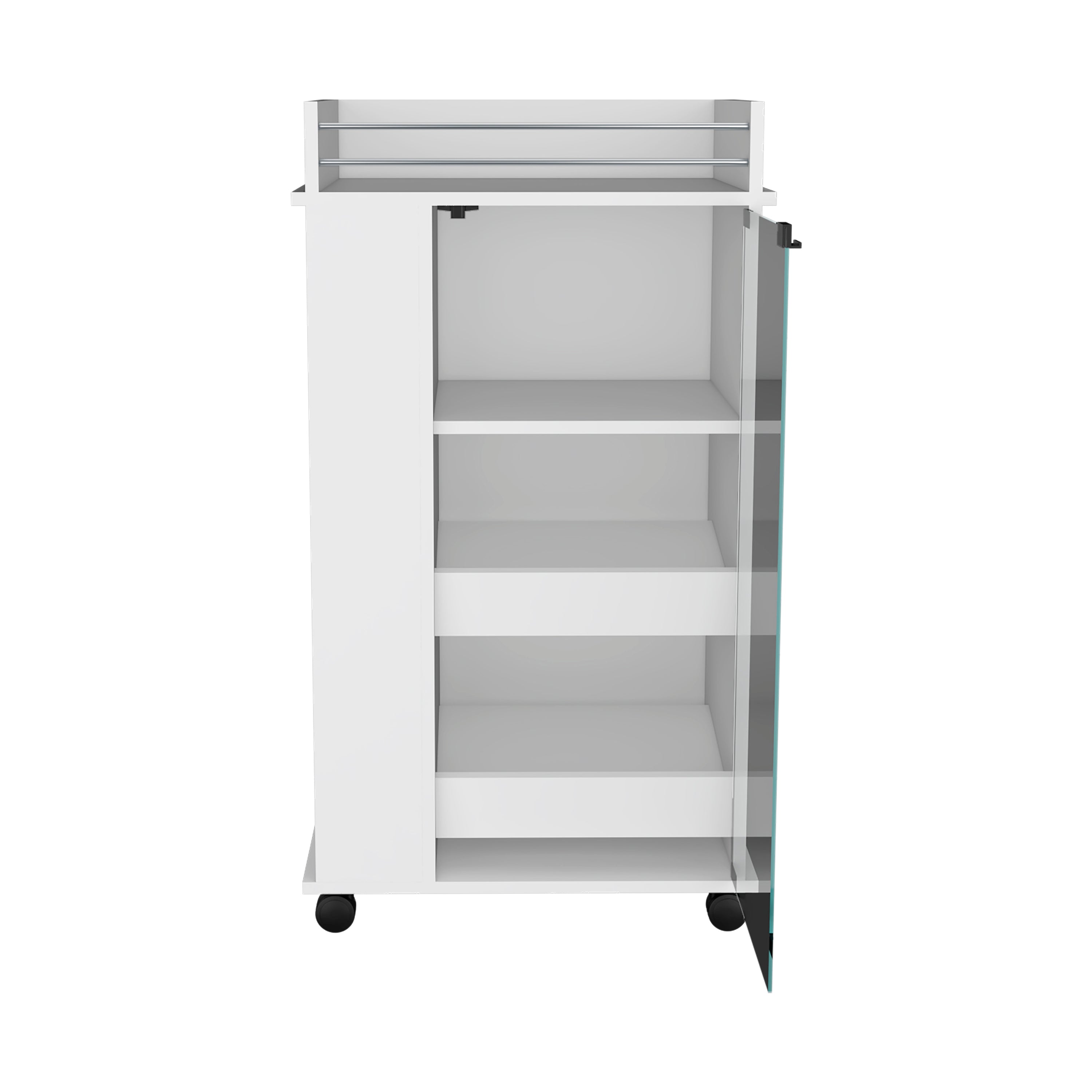 Lansing Bar Cart with Glass Door, 2-Side Shelves and Casters, White - Luciddepo